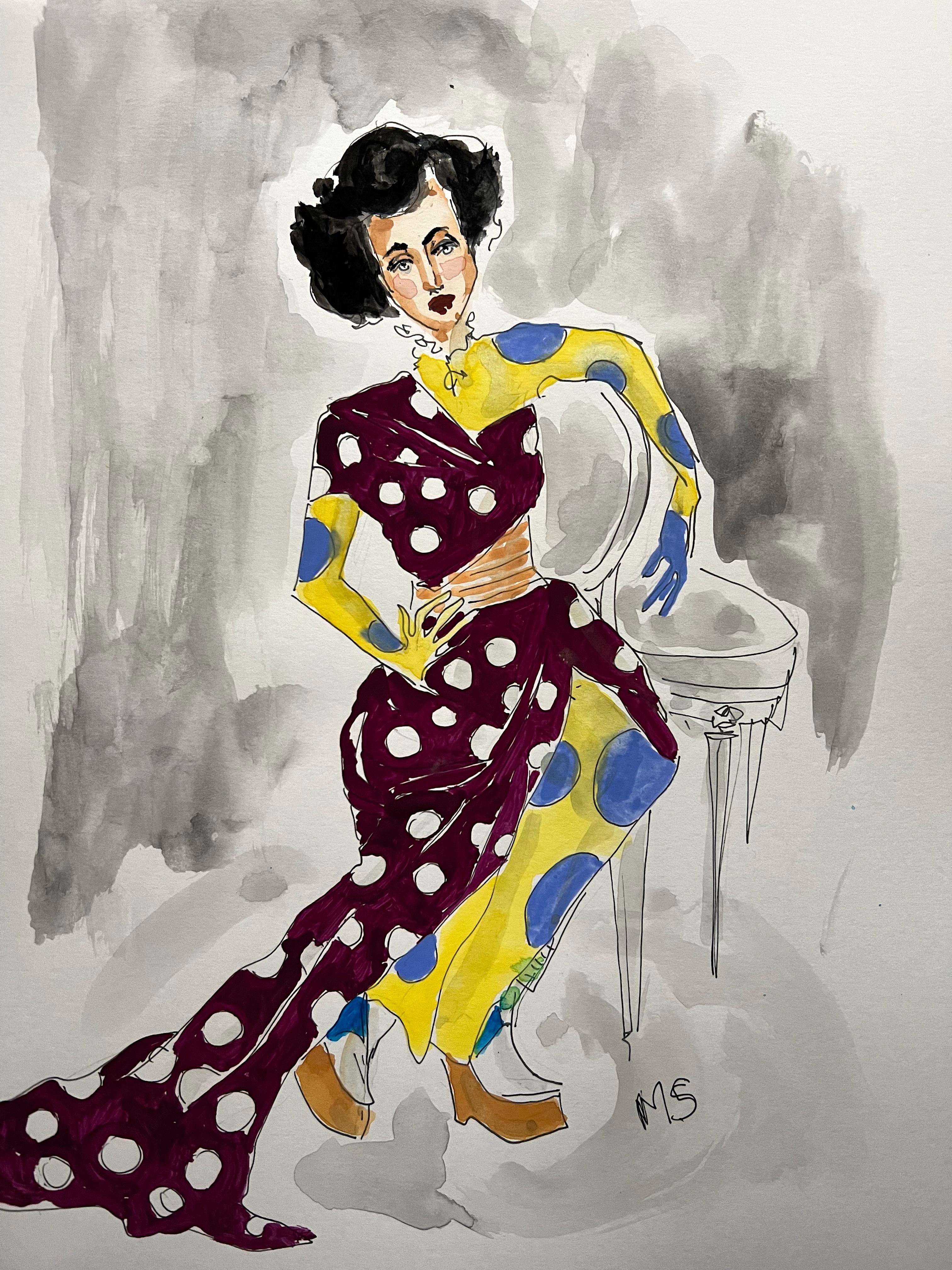 Manuel Santelices Portrait Painting - Anna Cleveland as Rita de Acosta in Thom Browne.  Ink and watercolor on paper