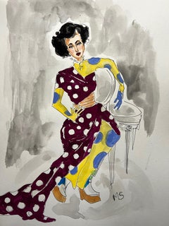 Anna Cleveland as Rita de Acosta in Thom Browne.  Ink and watercolor on paper