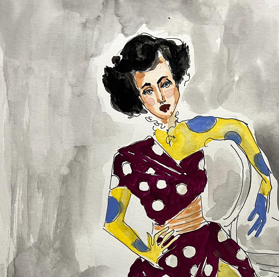 Anna Cleveland as Rita de Acosta in Thom Browne.  Ink and watercolor on paper - Painting by Manuel Santelices