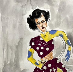 Anna Cleveland as Rita de Acosta in Thom Browne.  Ink and watercolor on paper
