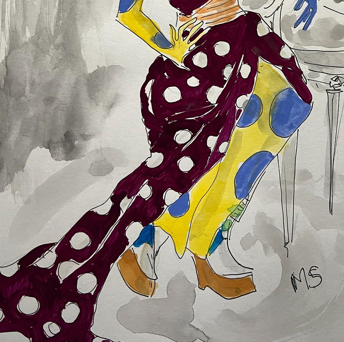 Anna Cleveland as Rita de Acosta in Thom Browne.  Ink and watercolor on paper - Contemporary Painting by Manuel Santelices