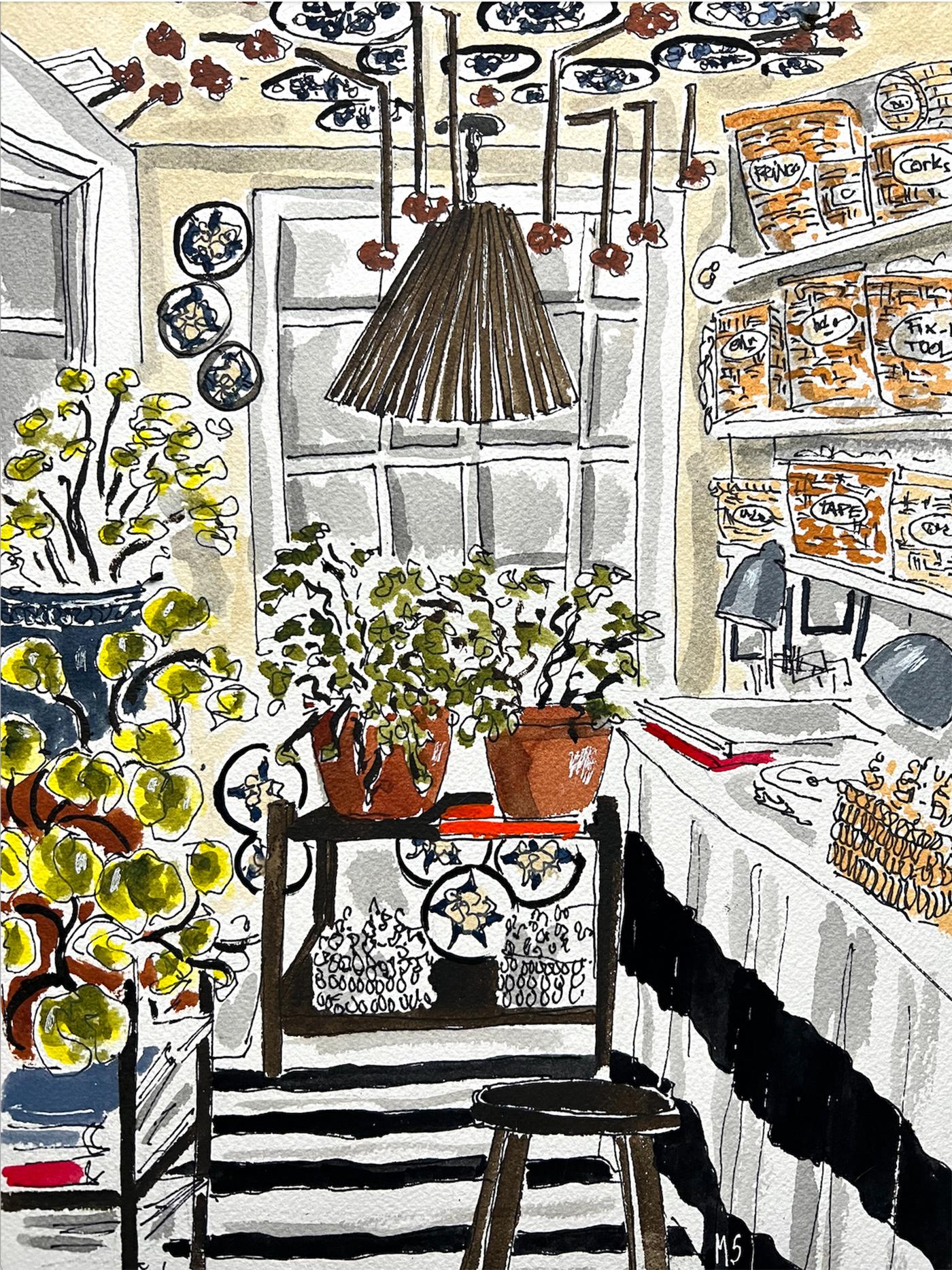 Manuel Santelices Interior Painting - Marian McEvoy Studio. Watercolor interior drawing on archival paper