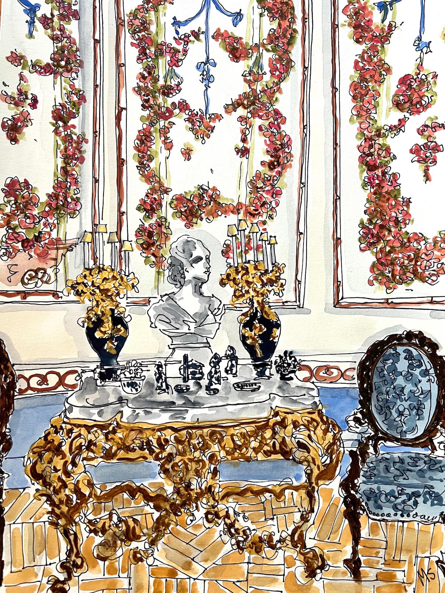 Manuel Santelices Interior Painting - Palacio la Liria in Madrid . Watercolor interiors  drawing on archival paper