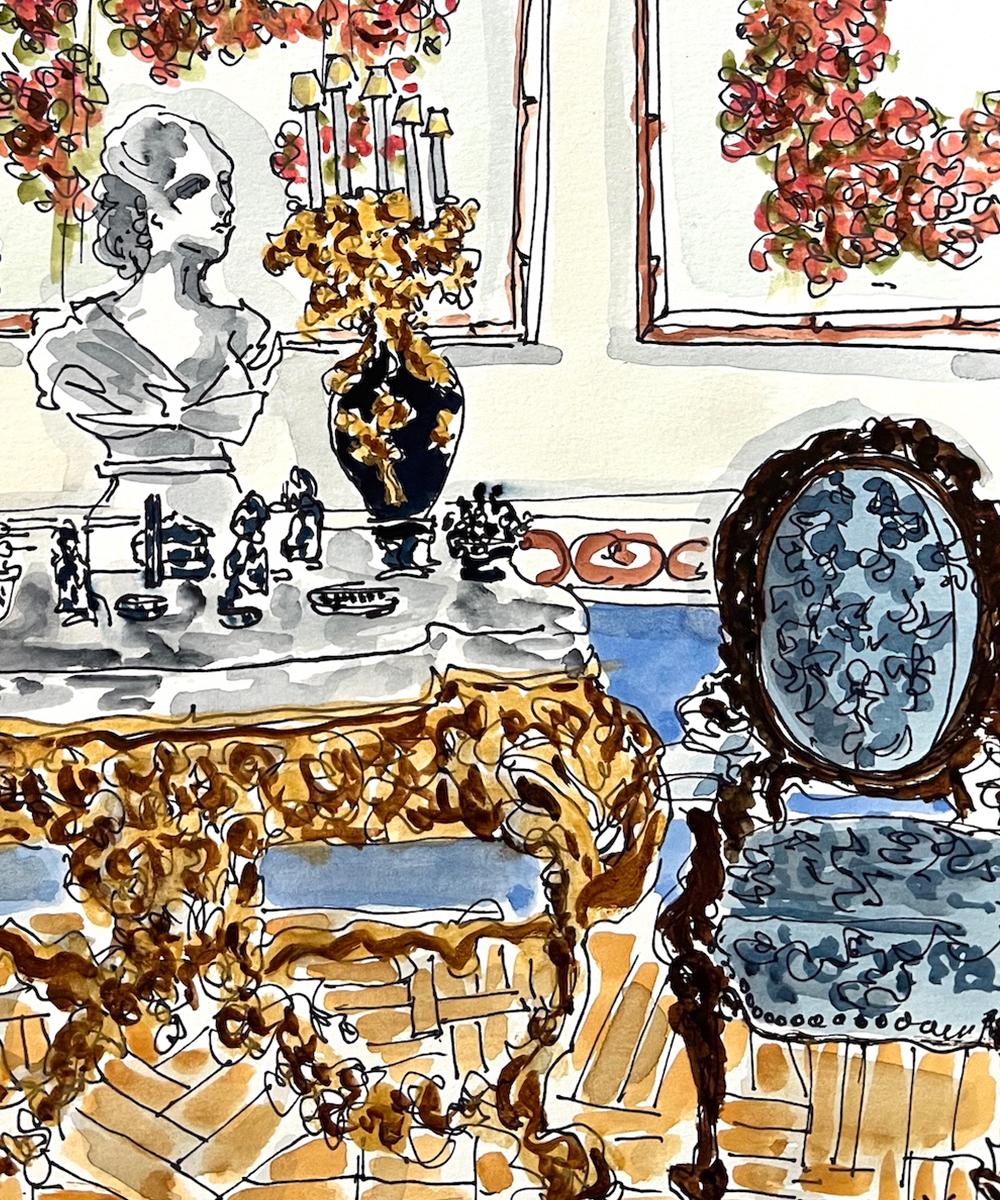 Palacio la Liria in Madrid . Watercolor interiors  drawing on archival paper - Beige Interior Painting by Manuel Santelices
