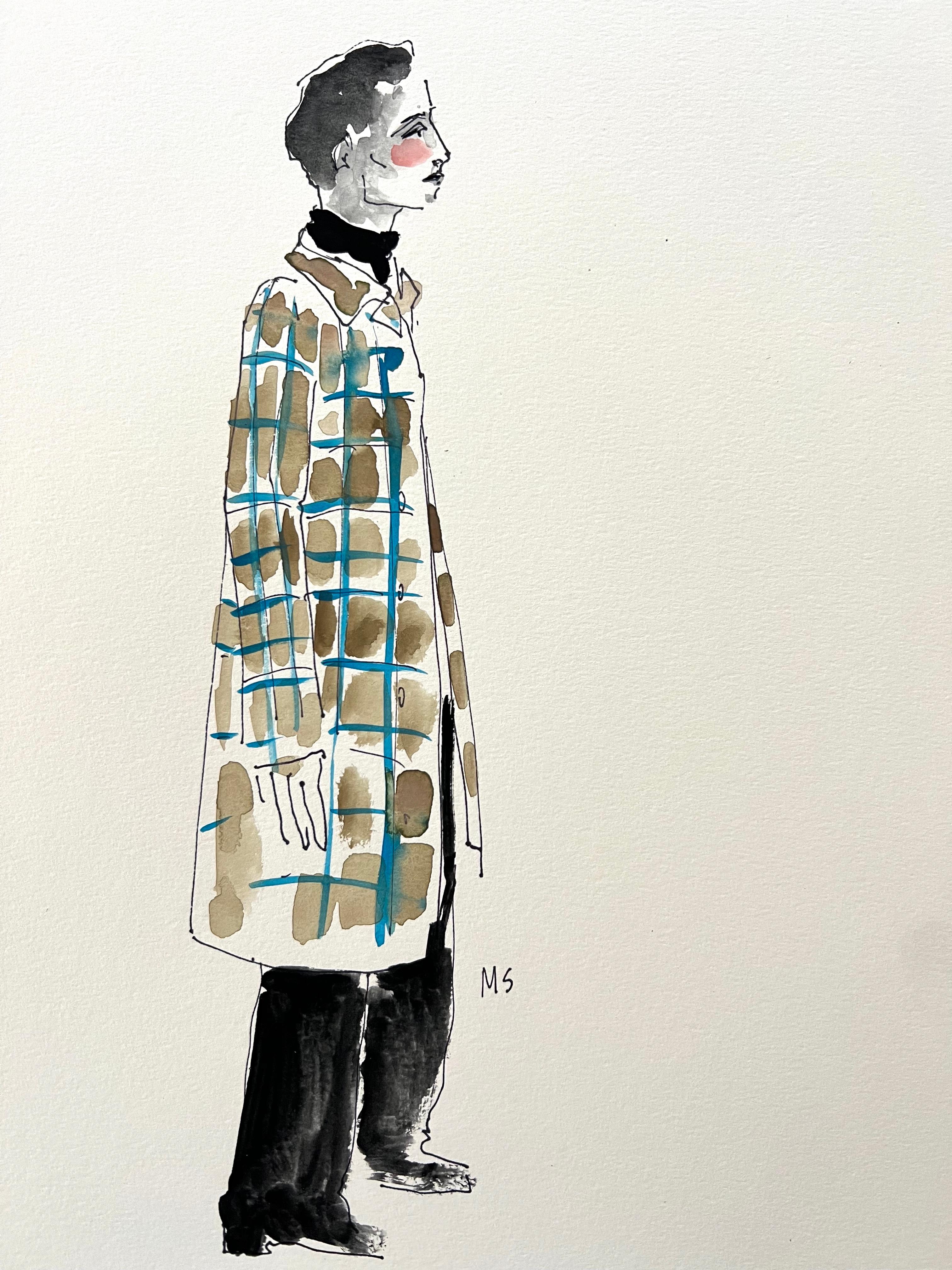 Manuel Santelices Figurative Art - Man in a blue and brown coat. Watercolor fashion drawing on archival paper