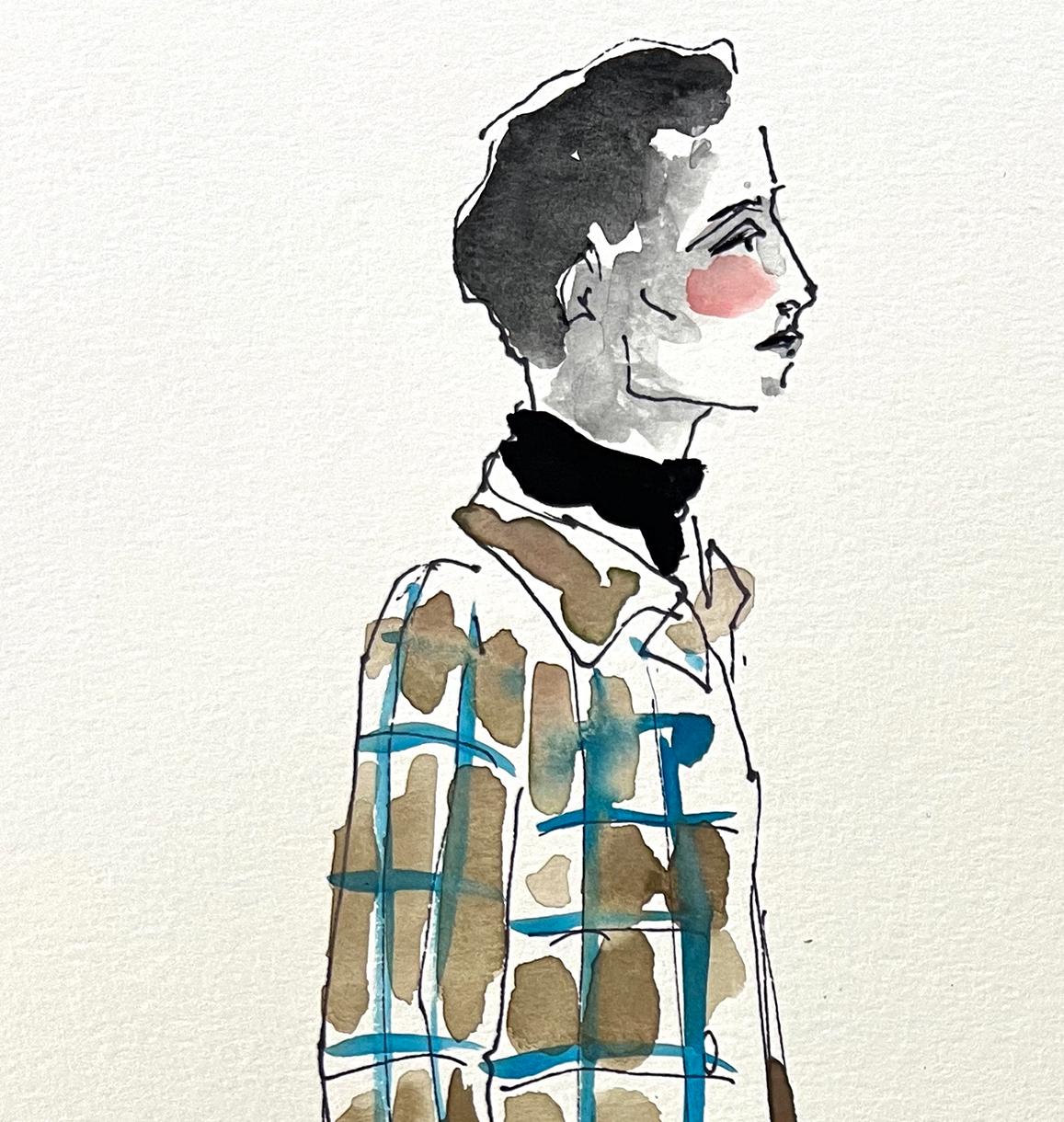 Man in a blue and brown coat. Watercolor fashion drawing on archival paper - Art by Manuel Santelices