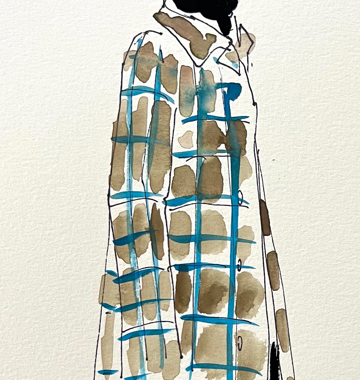 Mann in einem blauen und braunen Mantel. Aquarell-Mode-Zeichnung auf Archivpapier (Zeitgenössisch), Art, von Manuel Santelices