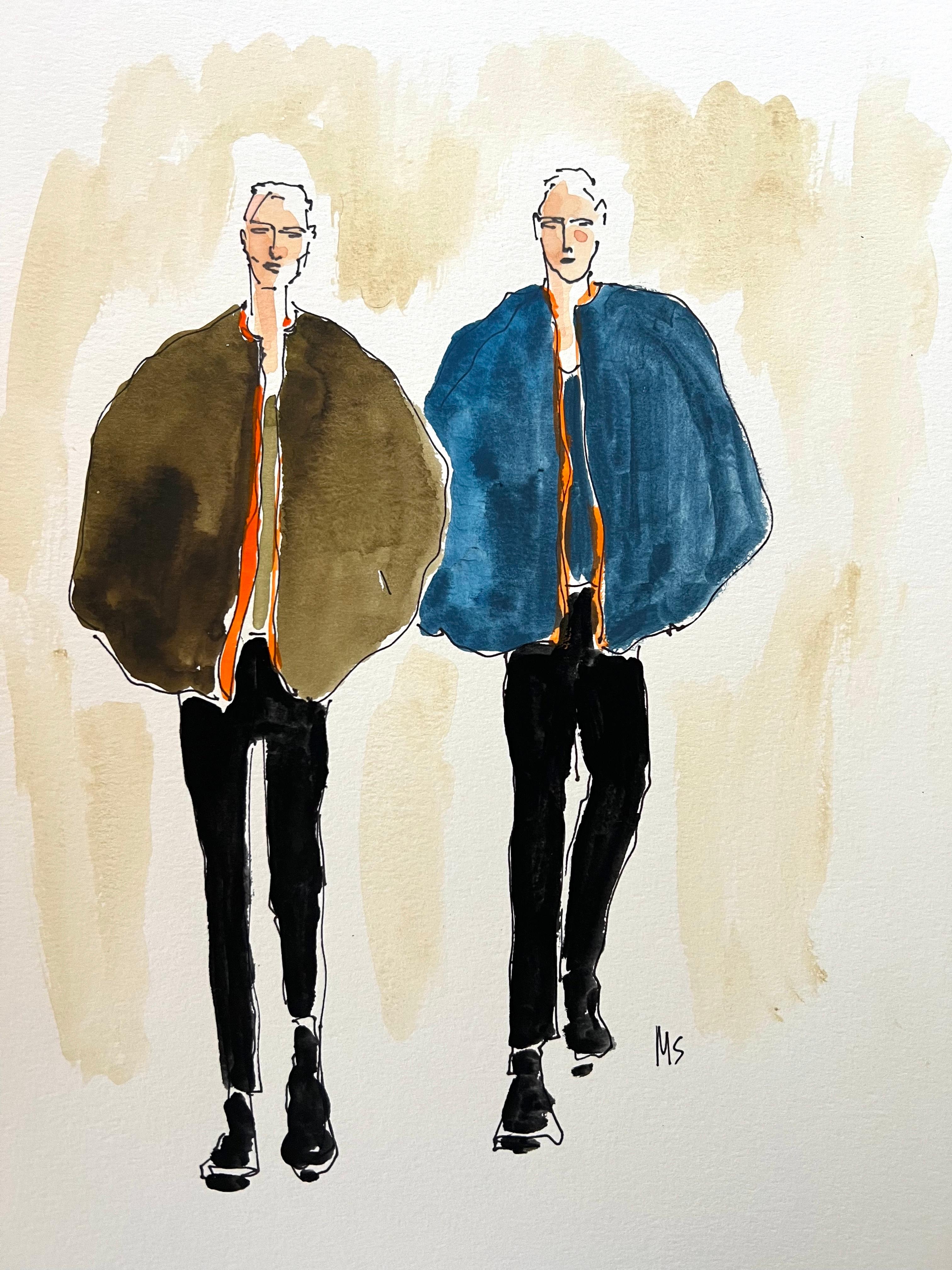 Manuel Santelices Figurative Art - Prada puffy coats. Watercolor fashion drawing on archival paper