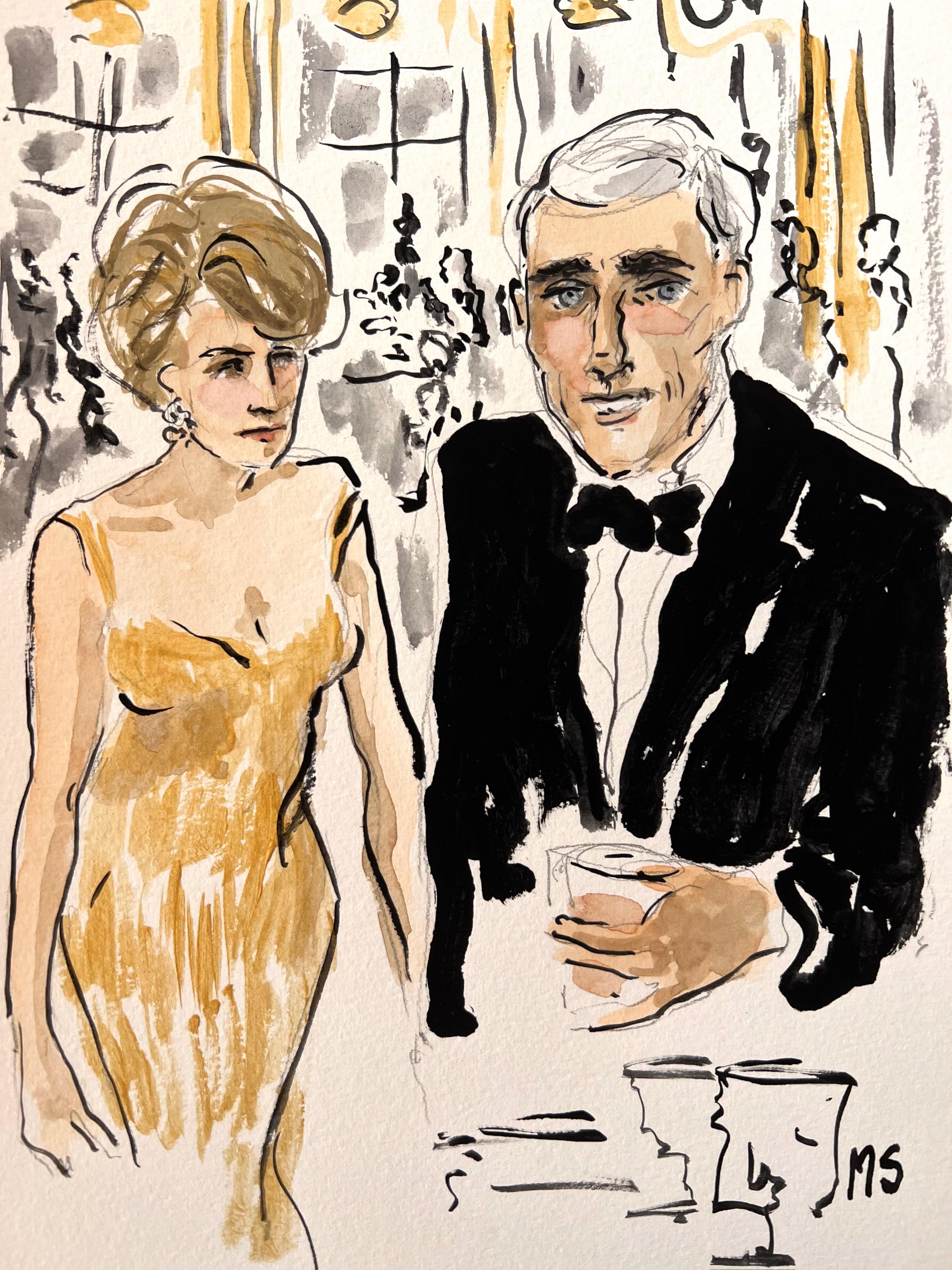 Manuel Santelices Portrait Painting - Angie Dickinson and Burt Bacharach in Hollywood in 1968. Watercolor on paper