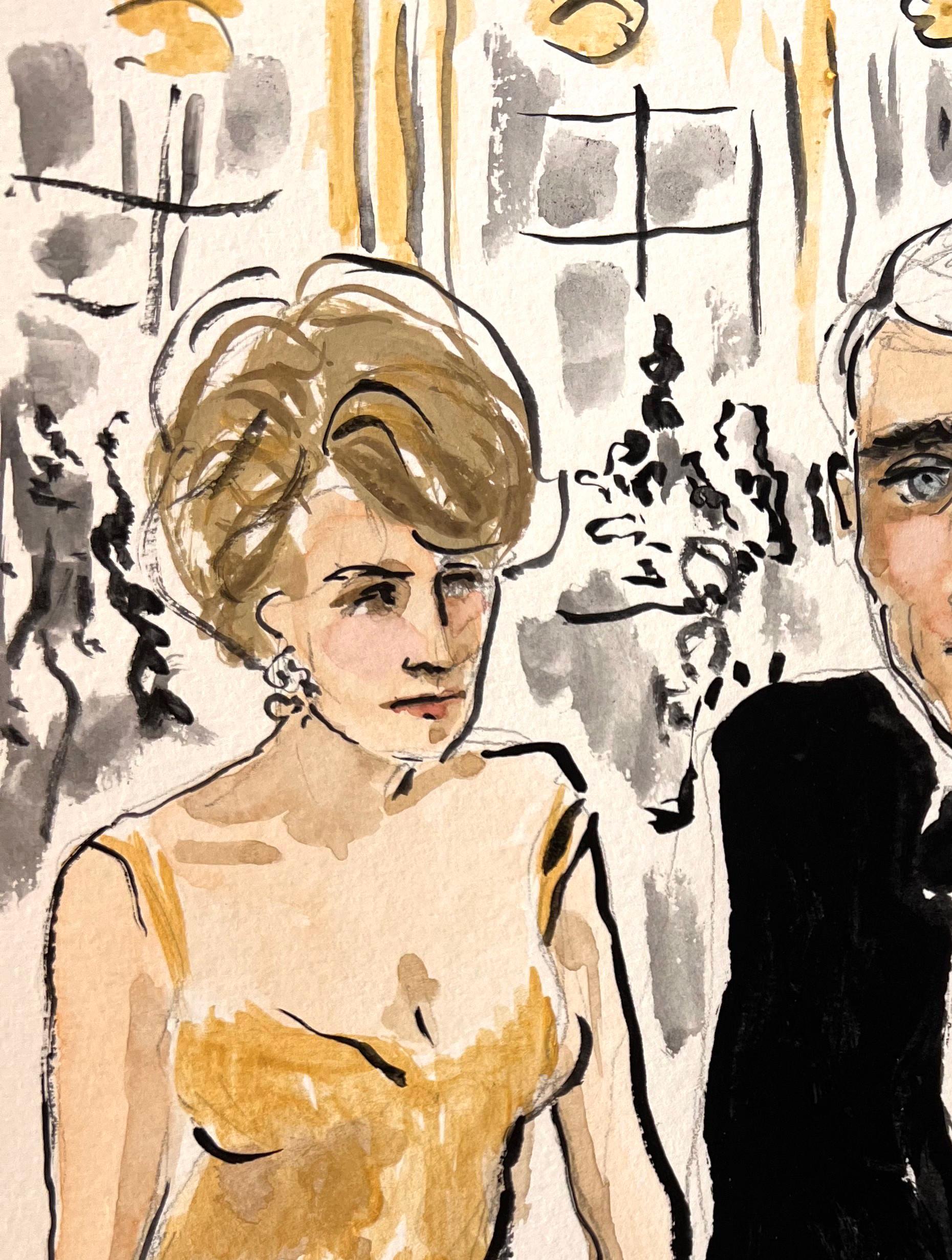 Angie Dickinson and Burt Bacharach in Hollywood in 1968. Watercolor on paper - Painting by Manuel Santelices