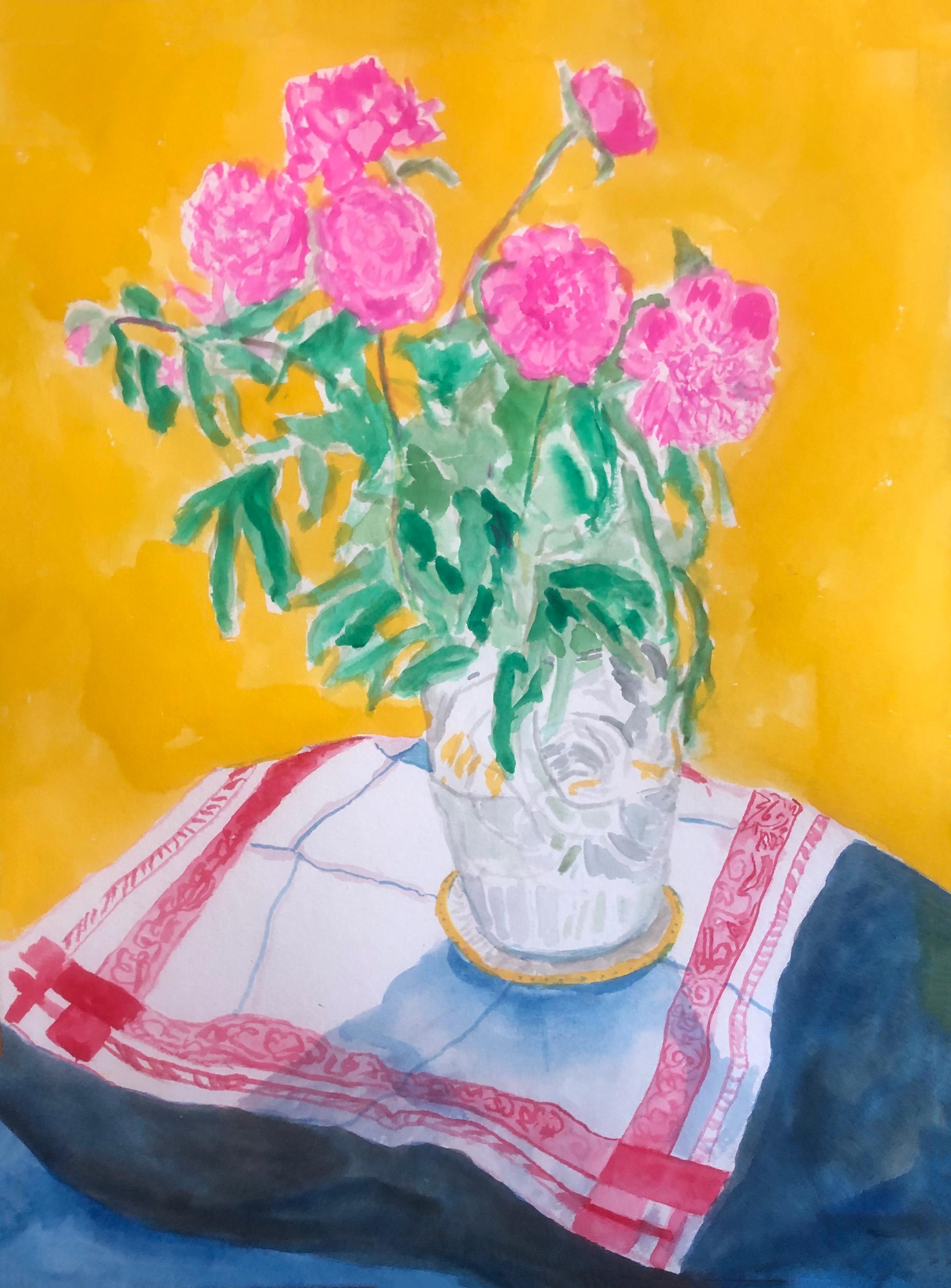 Charlie Scheips Still-Life - Vase of Peonies on French Napkin. Painting  From the Still Life Series