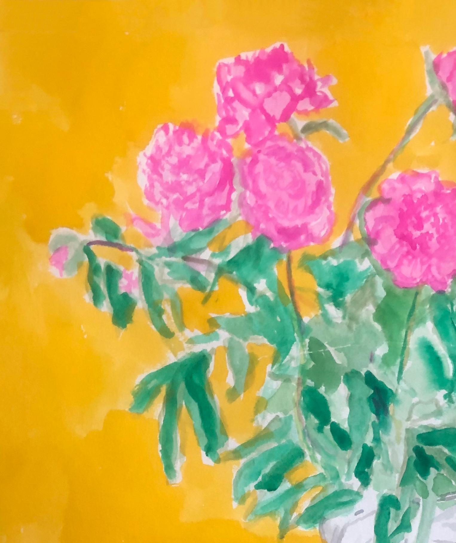 Vase of Peonies on French Napkin. Painting  From the Still Life Series - Art by Charlie Scheips