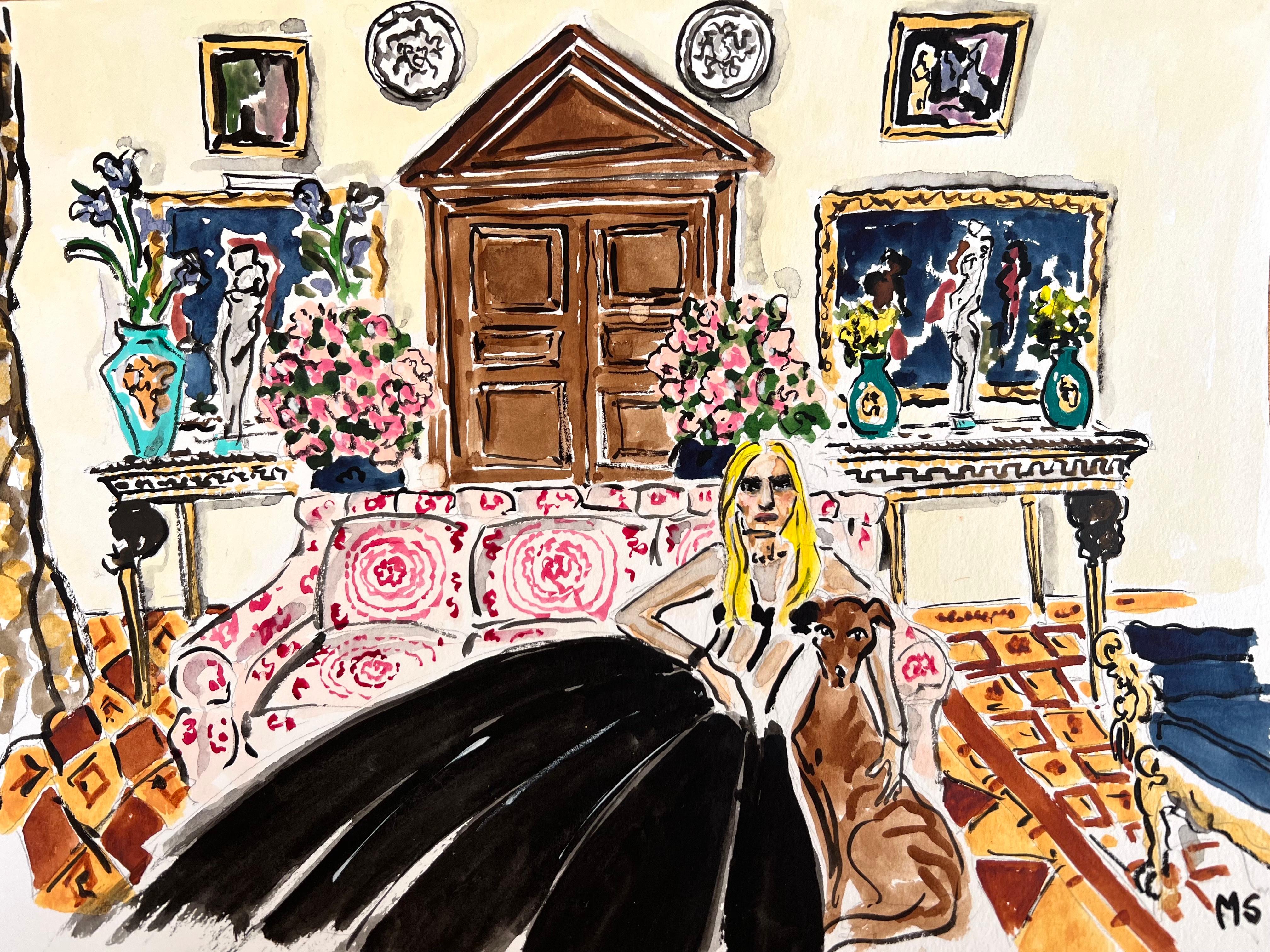 Manuel Santelices Figurative Art - Donatella Versace at home in Milan, Watercolor and gouache on paper