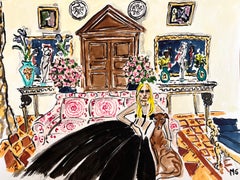 Donatella Versace at home in Milan, Watercolor and gouache on paper 