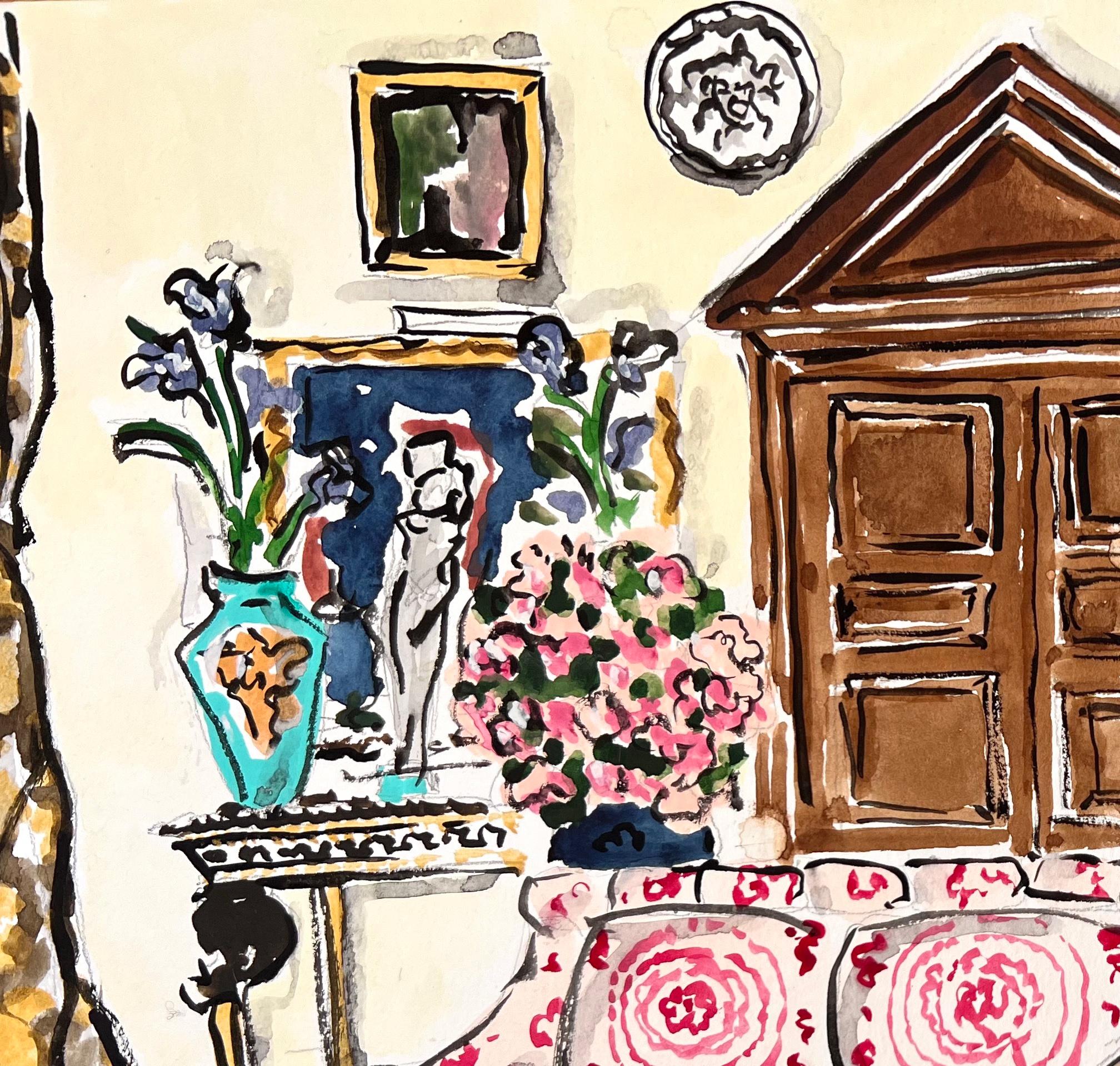 Donatella Versace at home in Milan, Watercolor and gouache on paper - Art by Manuel Santelices