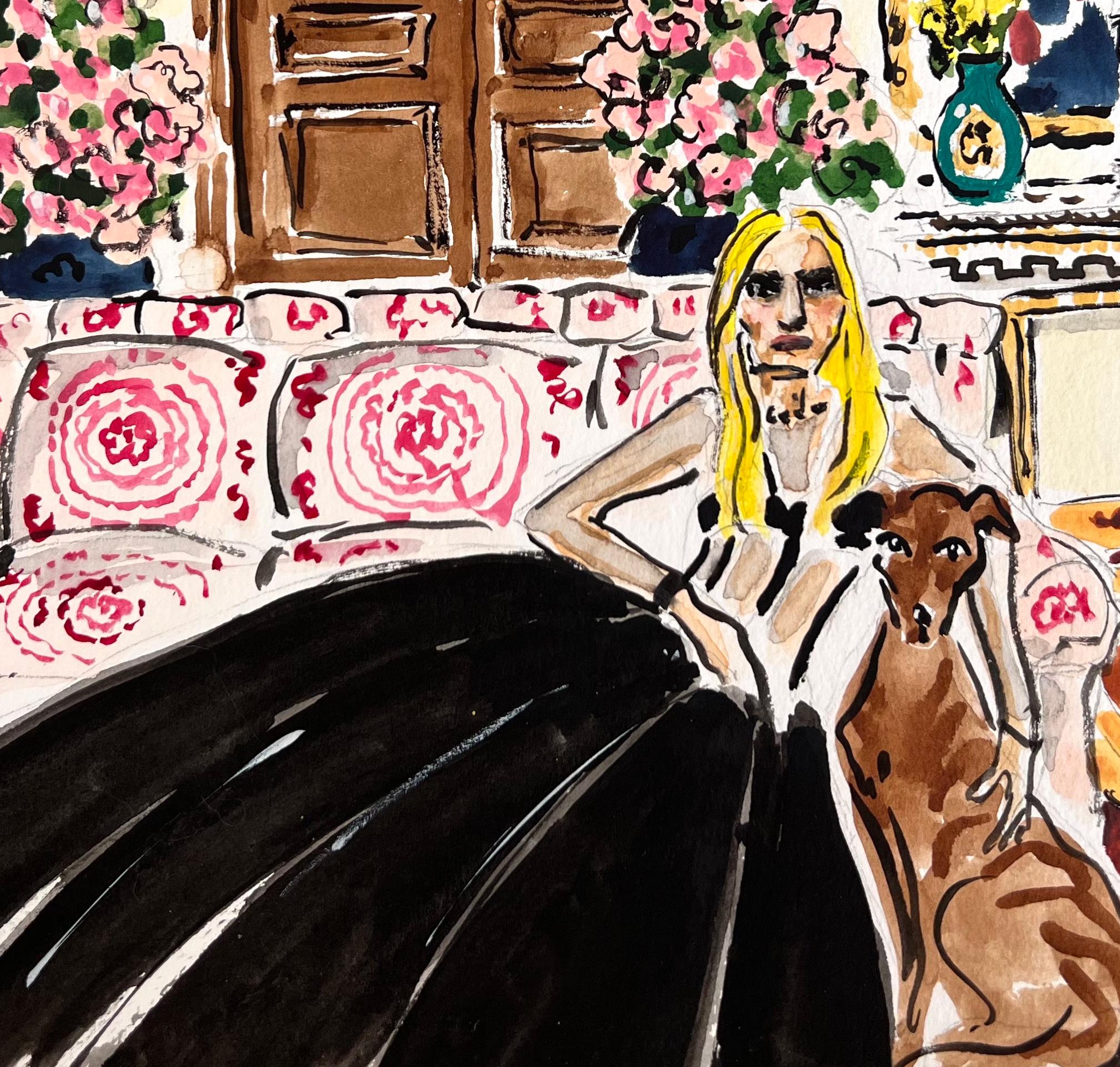 Donatella Versace at home in Milan, Watercolor and gouache on paper - Beige Figurative Art by Manuel Santelices