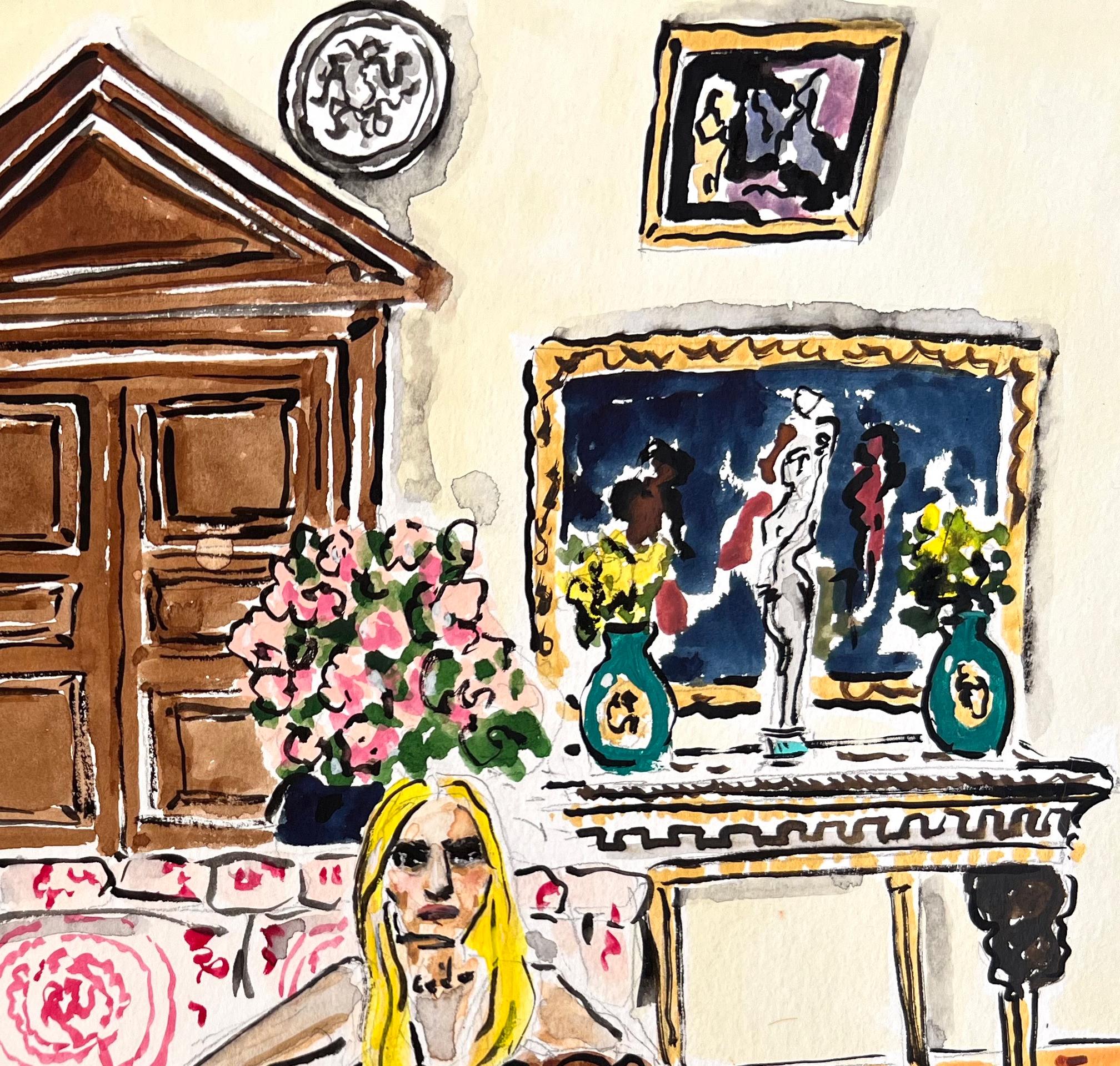 Donatella Versace at home in Milan, Watercolor and gouache on paper - Contemporary Art by Manuel Santelices