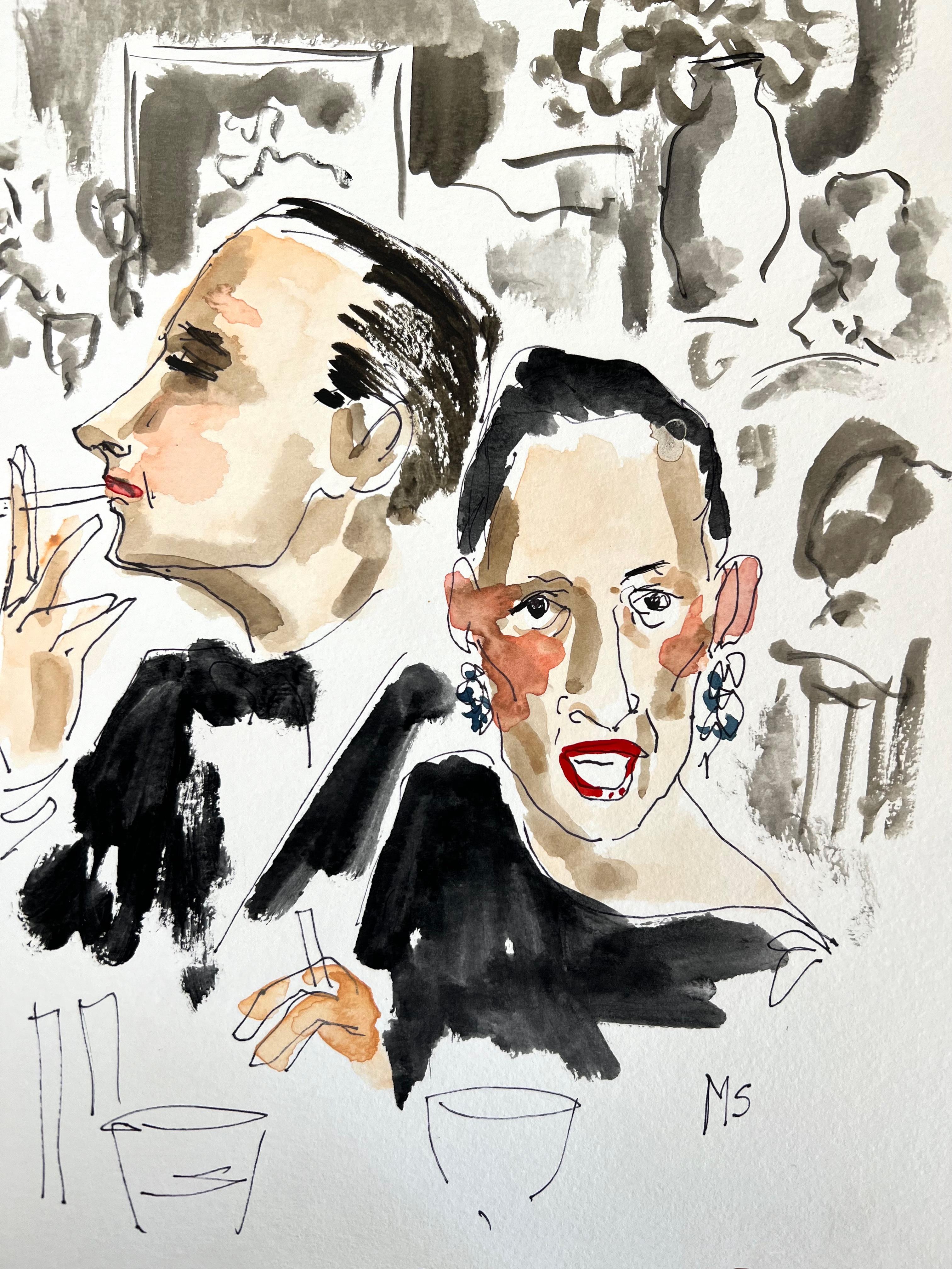 Manuel Santelices Figurative Art - Fred Hughes and Diana Vreeland in New York, Ink and Watercolor on paper 
