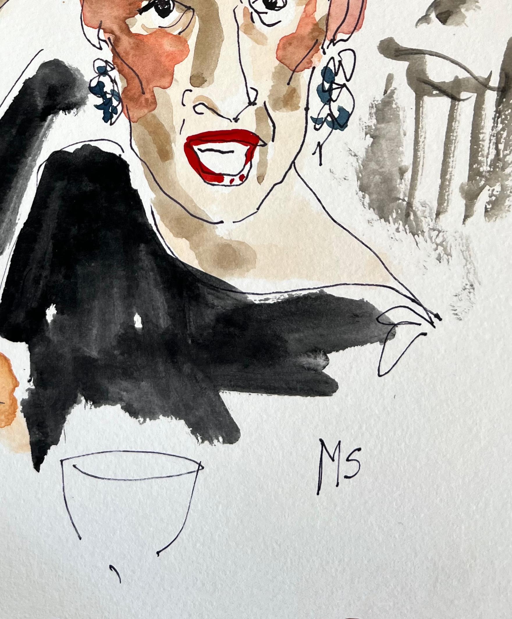 Fred Hughes et Diana Vreeland à New York, encre et aquarelle sur papier  - Beige Figurative Art par Manuel Santelices