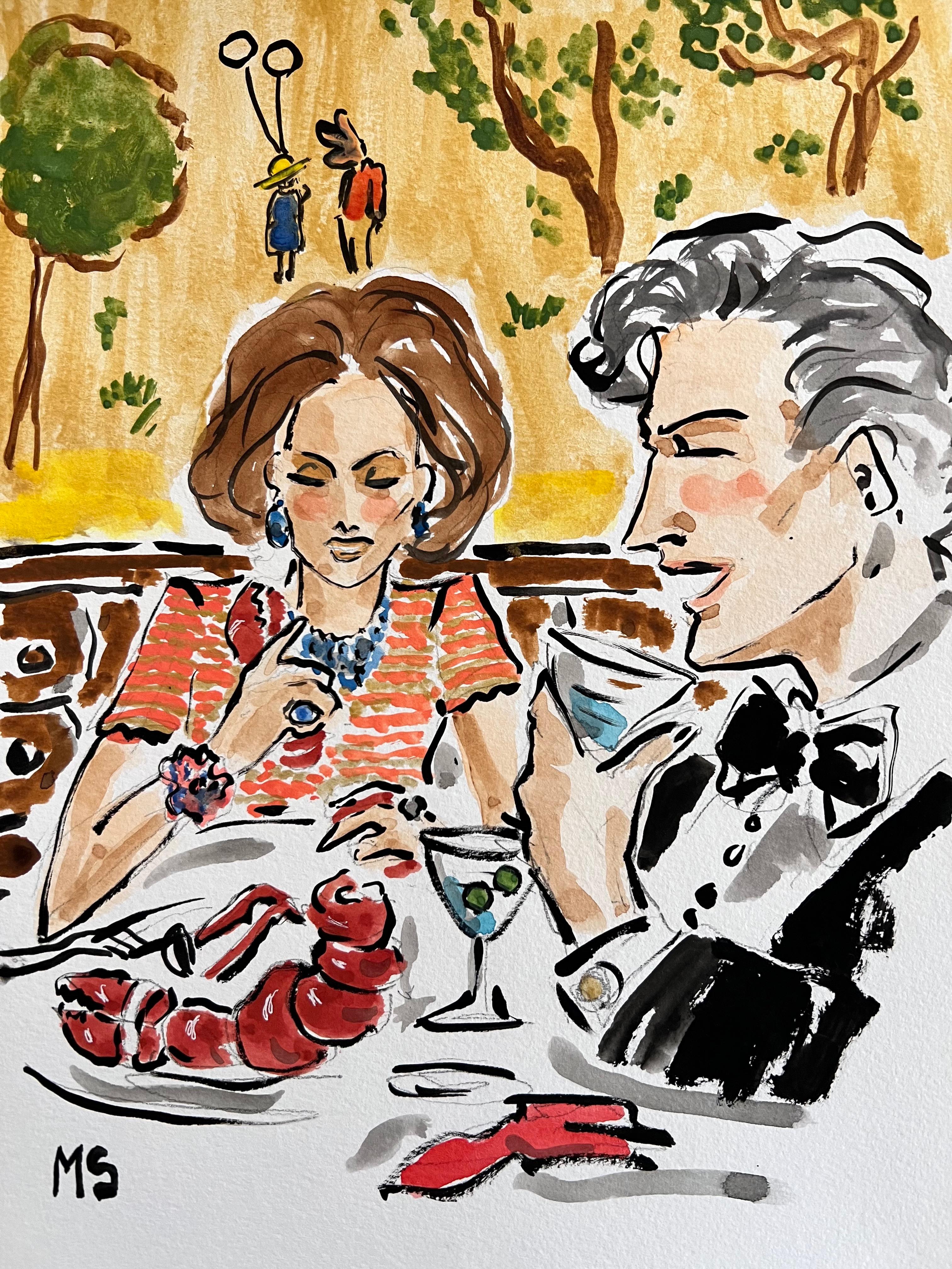 Manuel Santelices Figurative Art - Lobster dinner at the Carlyle, Watercolor social scene New York City