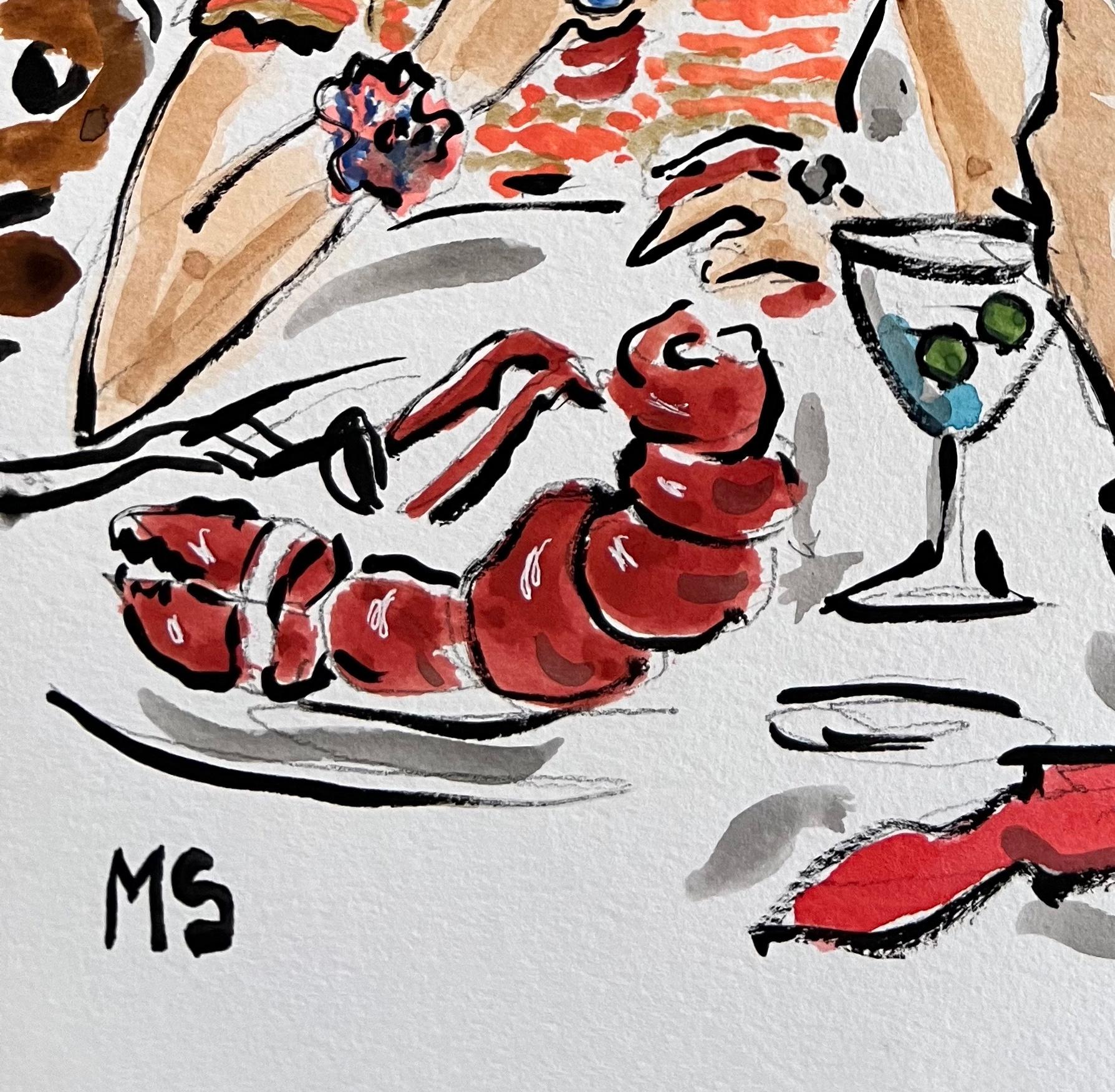 Lobster dinner at the Carlyle, Watercolor social scene New York City - Beige Figurative Art by Manuel Santelices