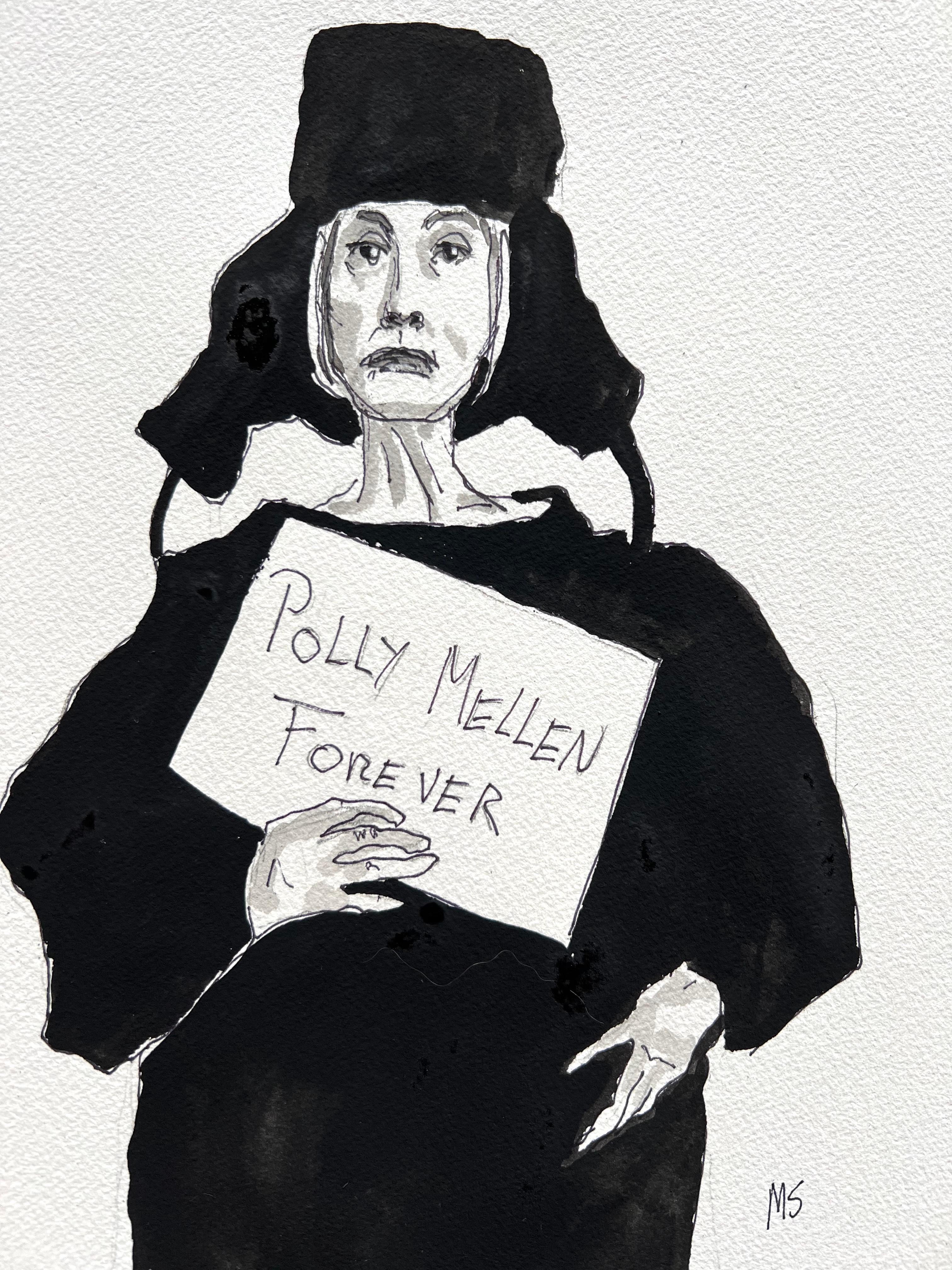 Polly Mellen, Für immer. Porträt.  Mode mit Gouache und Feder auf Papier