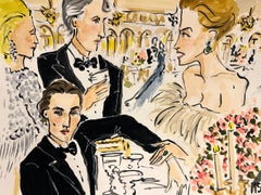 Gossip, Watercolor social scene painting