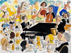 Peter Cincotti at Cafe Carlyle, Watercolor social scene painting 