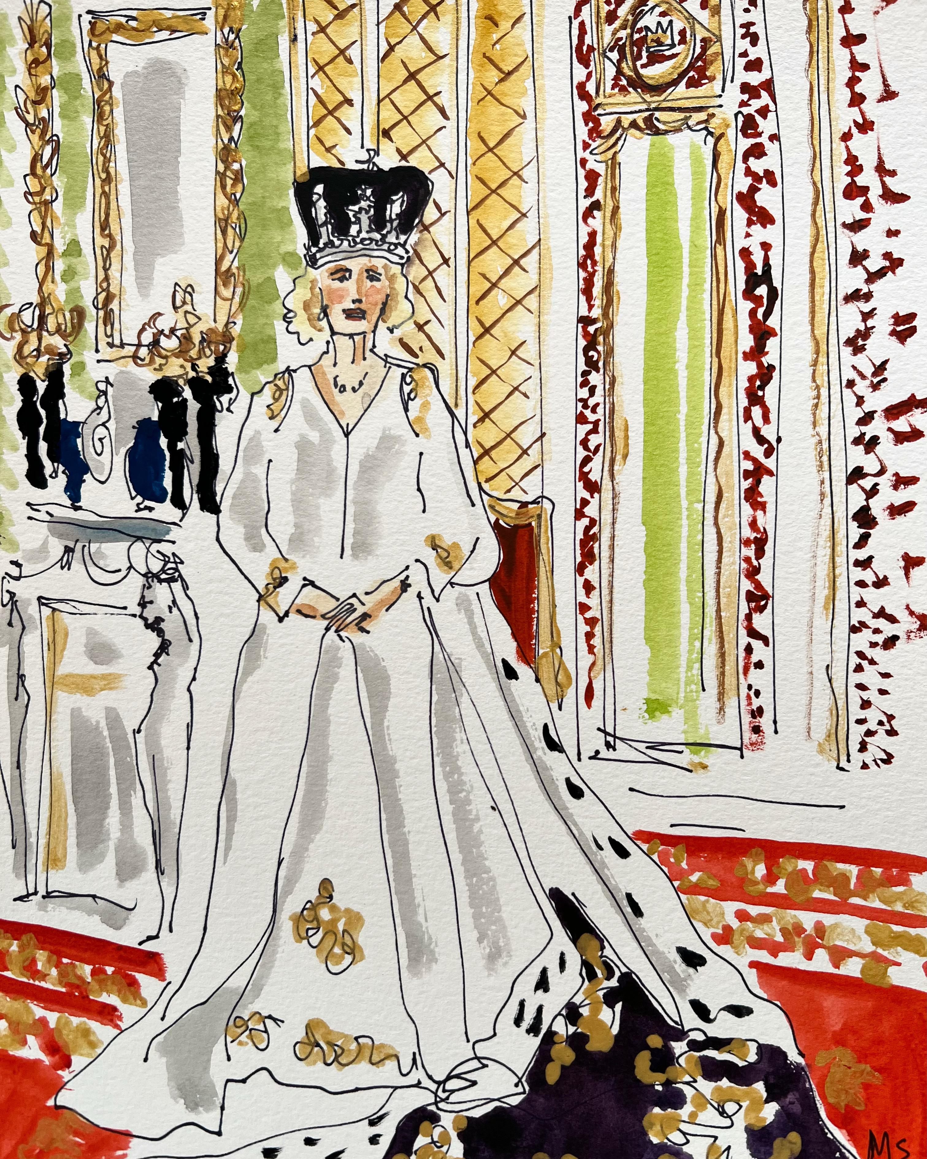 Queen Camilla, by Manuel Santelices
Ink, watercolor, and gouache on paper
Image size: 12 in. H x 9 in. W 
Unframed
2023

The worlds of fashion, society, and pop culture are explored through the illustrations of Manuel Santelices, a Chilean artist