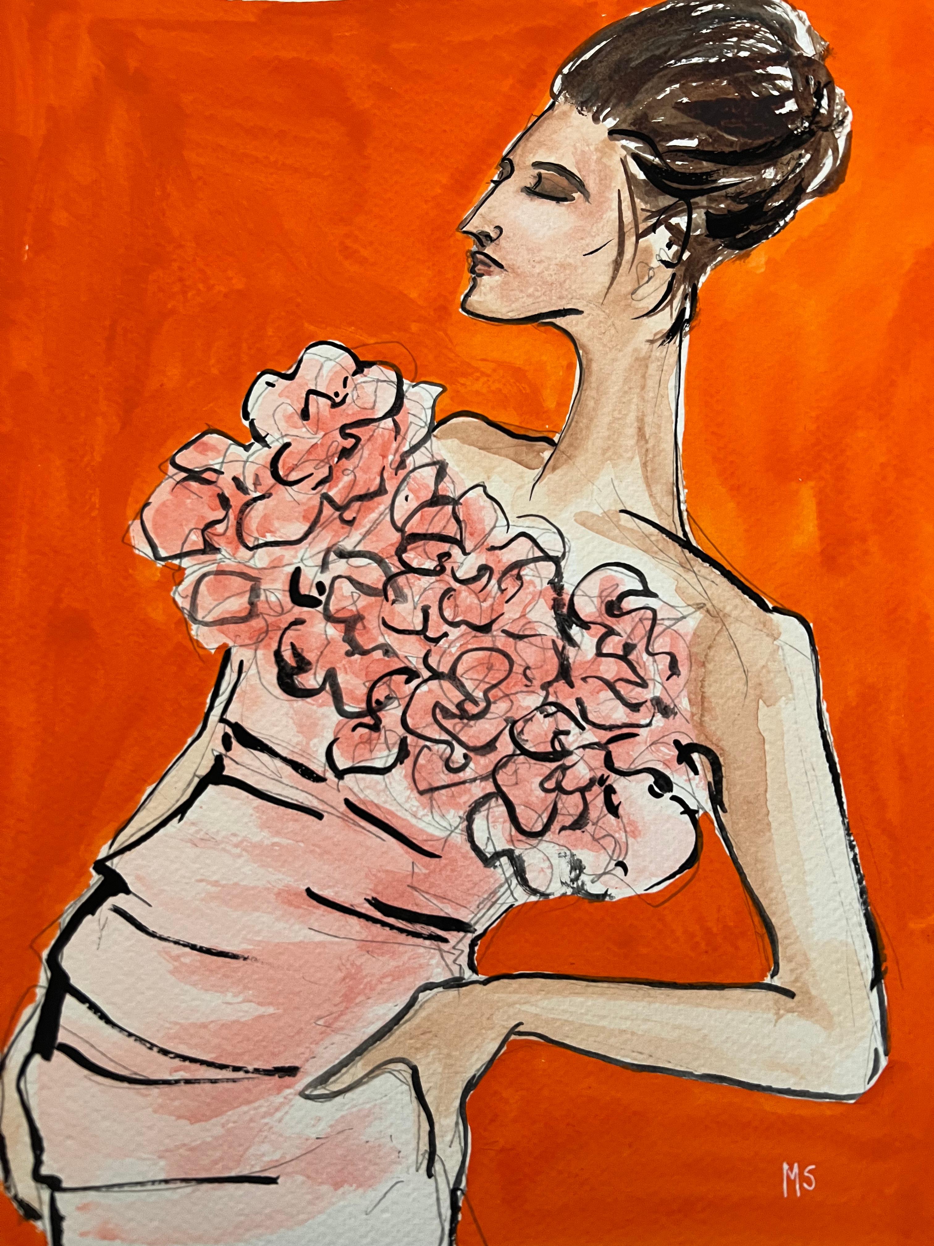 Giambattista Valli Haute couture, by Manuel Santelices
Ink, gouache and watercolor on paper.
Image size: 12 in. H x 9 in. W 
Unframed
2023

The worlds of fashion, society, and pop culture are explored through the illustrations of Manuel Santelices,