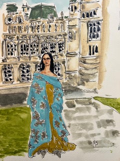 Valentino Haute Couture at Chateau Chantilly, Watercolor Portrait Painting 