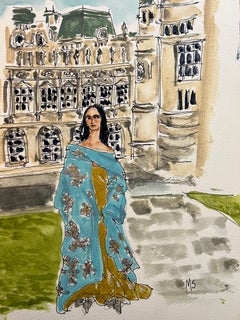Valentino Haute Couture en Chateau Chantilly, Pintura Retrato Acuarela