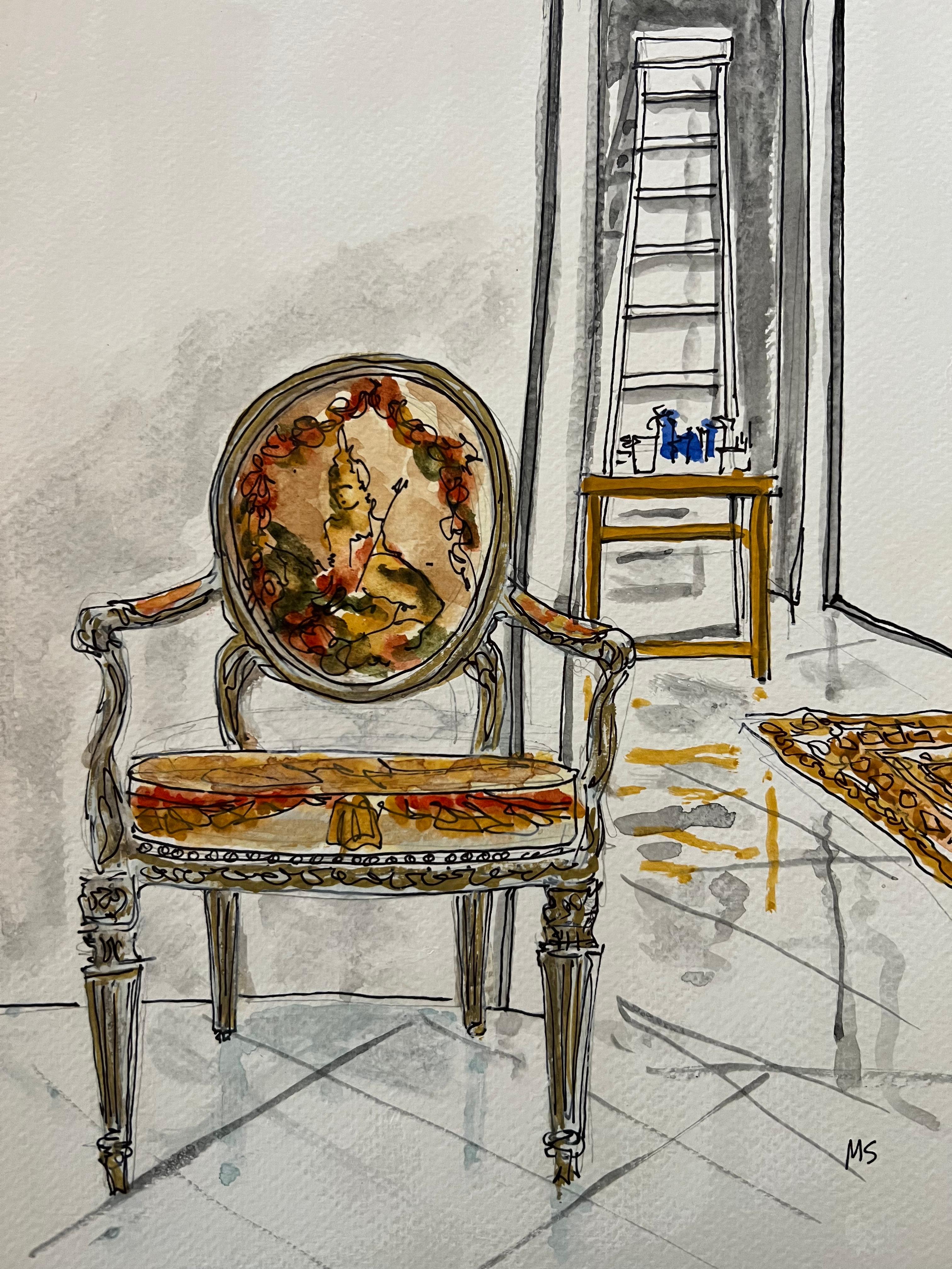 Manuel Santelices Interior Art - Cy Twombly’s chair.  Interiors Watercolor Painting 
