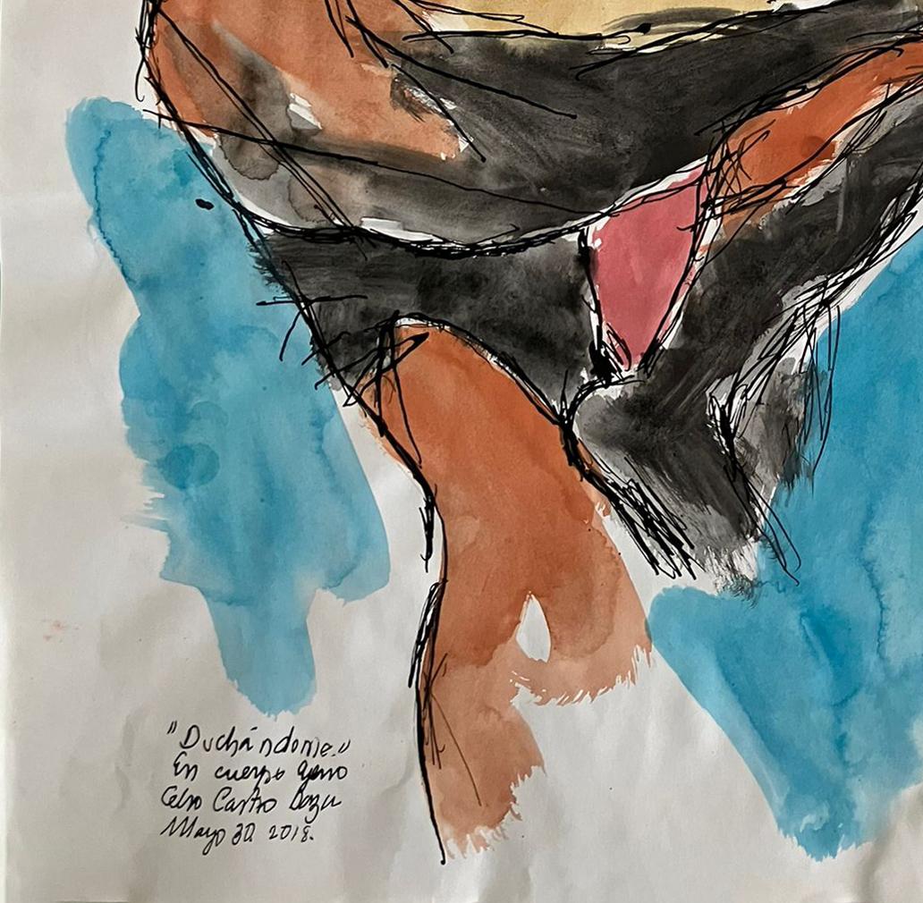 Duchándome en Cuerpo Ajeno 30. Mai.  Aquarell und Tinte auf  Papier (Zeitgenössisch), Art, von Celso José Castro Daza