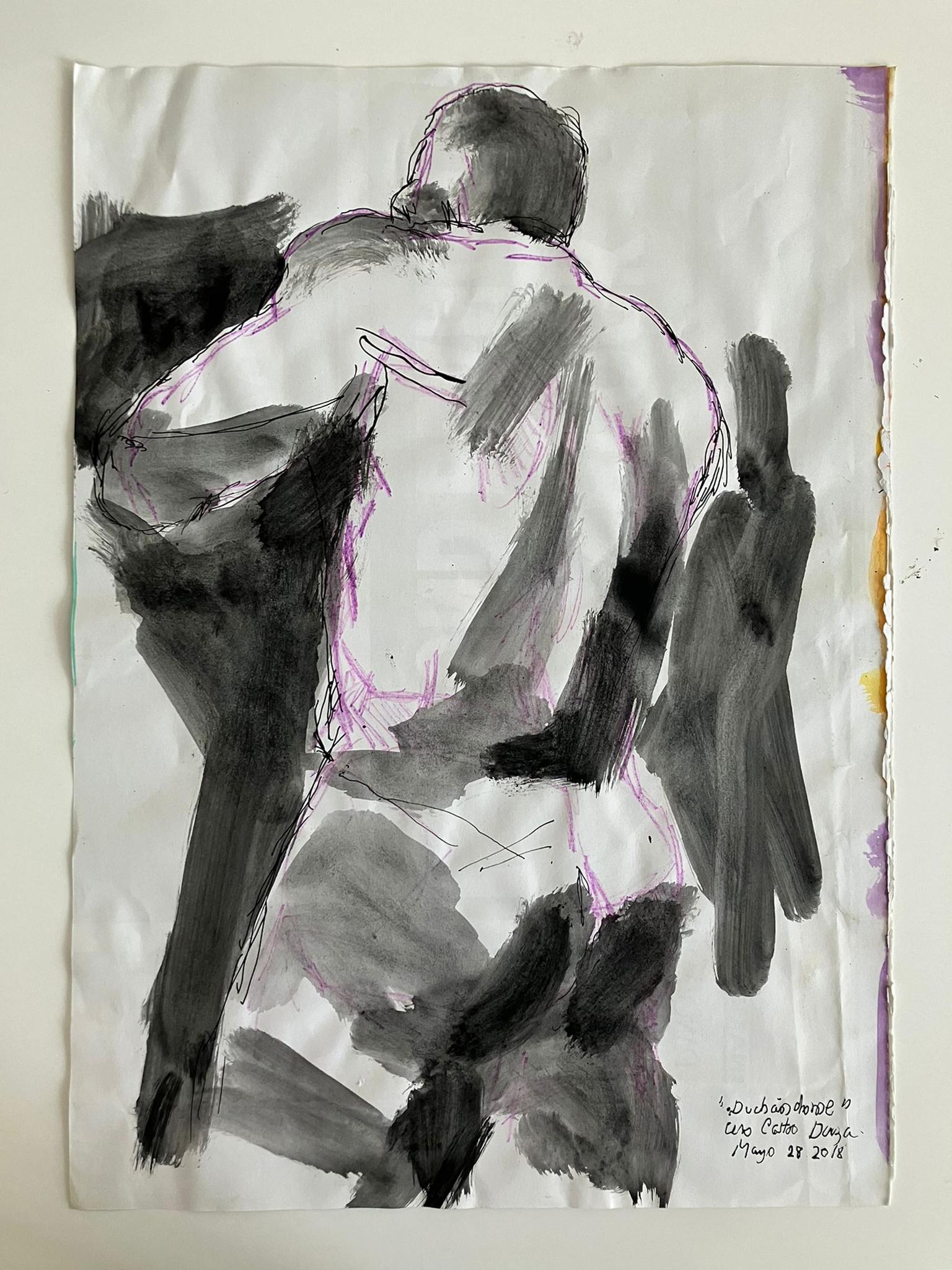 Duchándome el 28 de mayo.  Acuarela y tinta sobre papel - Figurative Art Gris de Celso José Castro Daza
