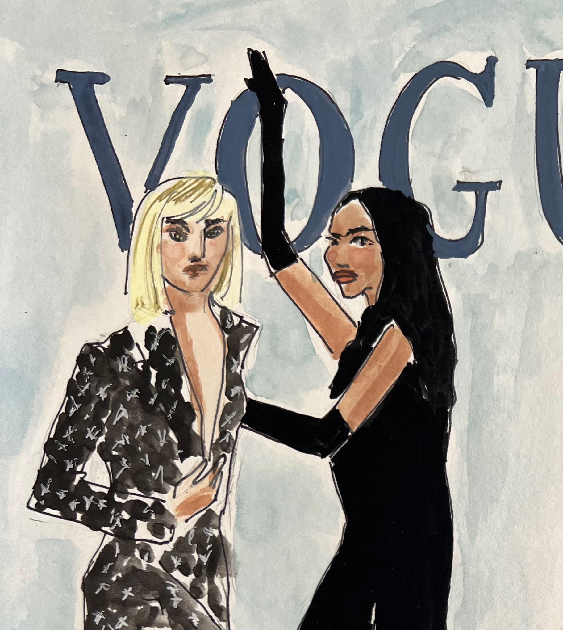 Supermodels in Vogue, Watercolor Fashion Painting  For Sale 1