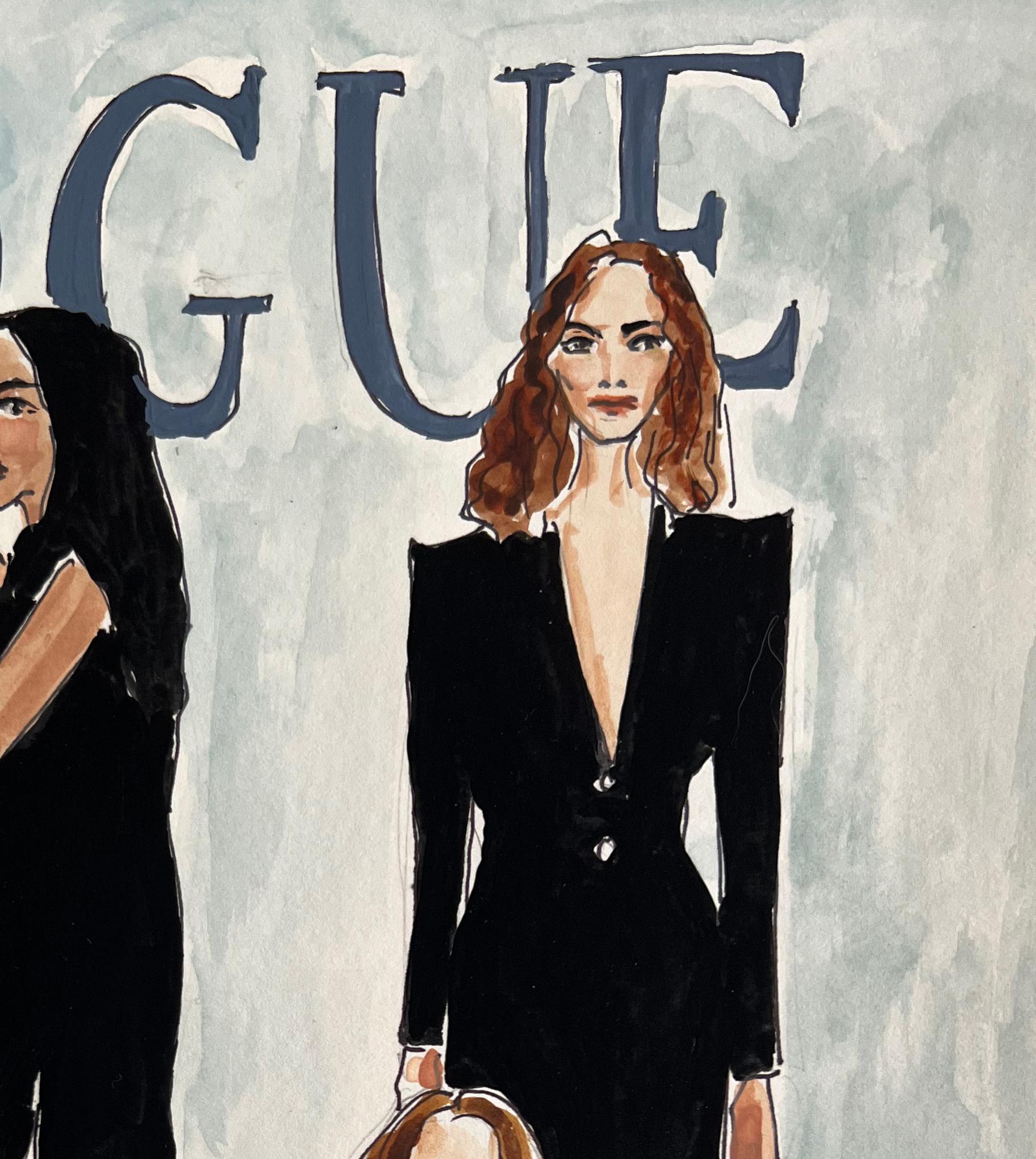 Supermodels in Vogue, Watercolor Fashion Painting en vente 1