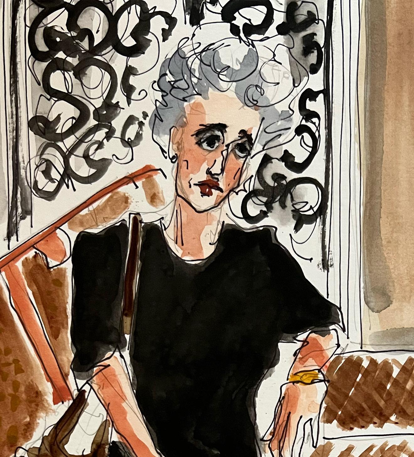 Pat Buckley leaving town, by Manuel Santelices
 Ink, watercolor, and gouache on paper
Image size: 14 in. H x 11 in. W 
Unframed
2023

The worlds of fashion, society, and pop culture are explored through the illustrations of Manuel Santelices, a