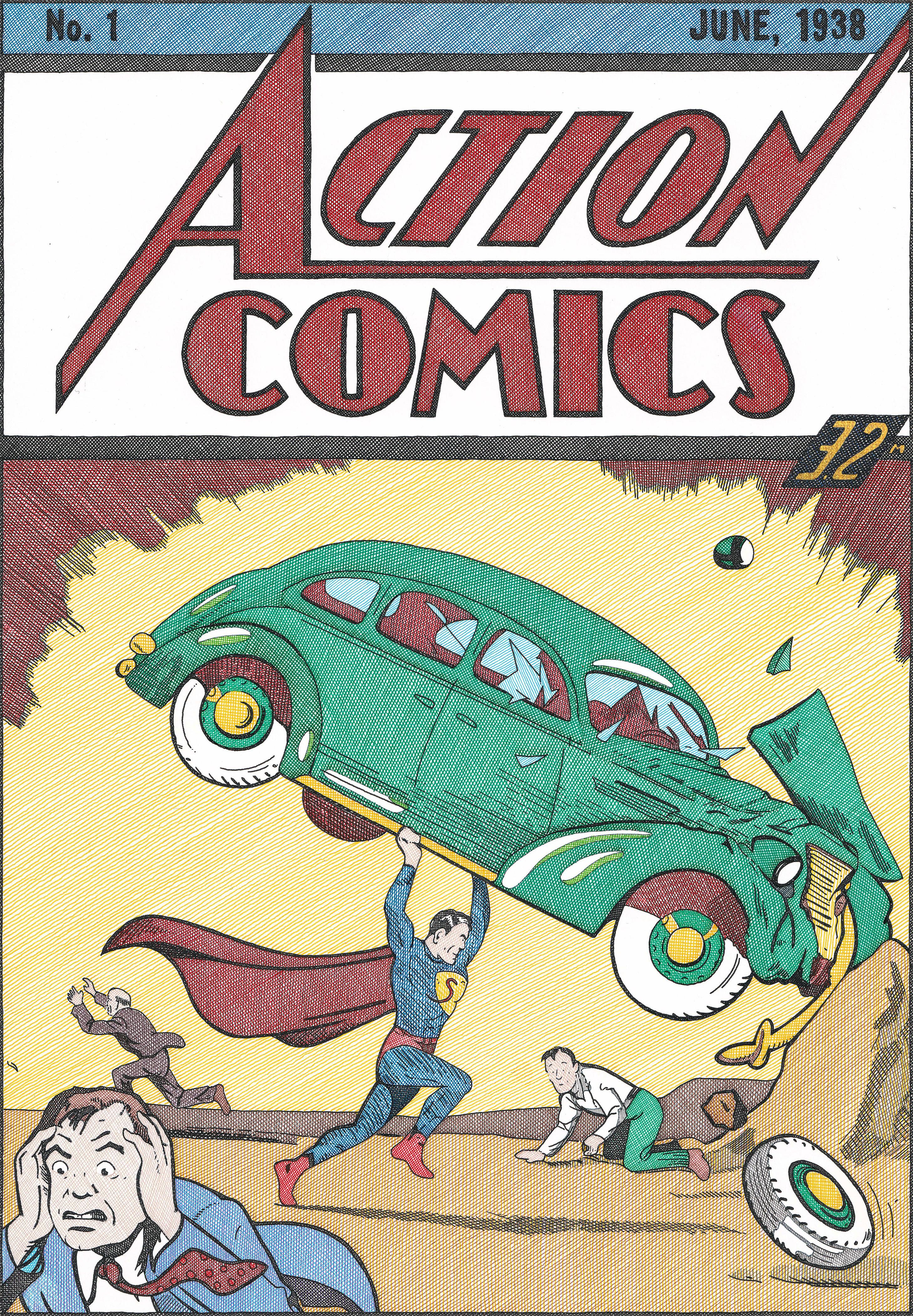 3.2 M (ACTION COMICS), 2023  by Rodrigo Spinel 
Chinese ink on Fabriano paper 250 g.
Frame size: 43 cm H x 34 cm W x 3 cm D
Image size: 30 cm H x 21 cm W 
Unique
Ivory Wood Brown Frame

As a reflection on the value we give to objects, this series