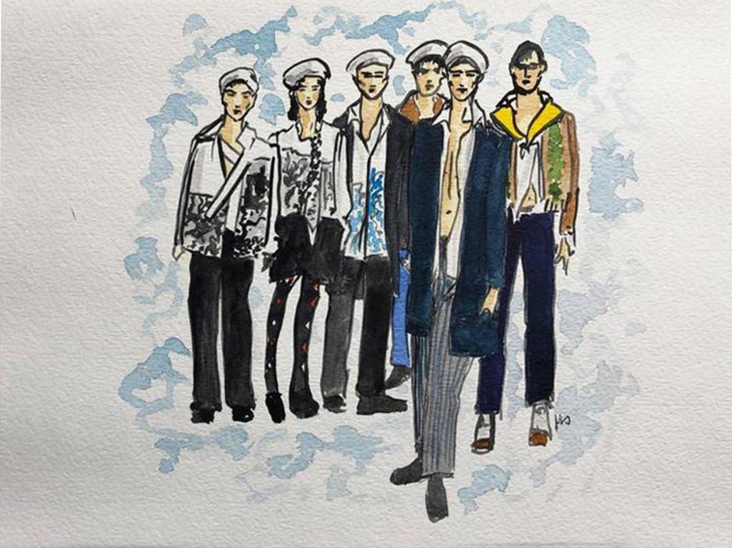 Prada Men's Fall Fashion show, Watercolor Painting - Art by Manuel Santelices