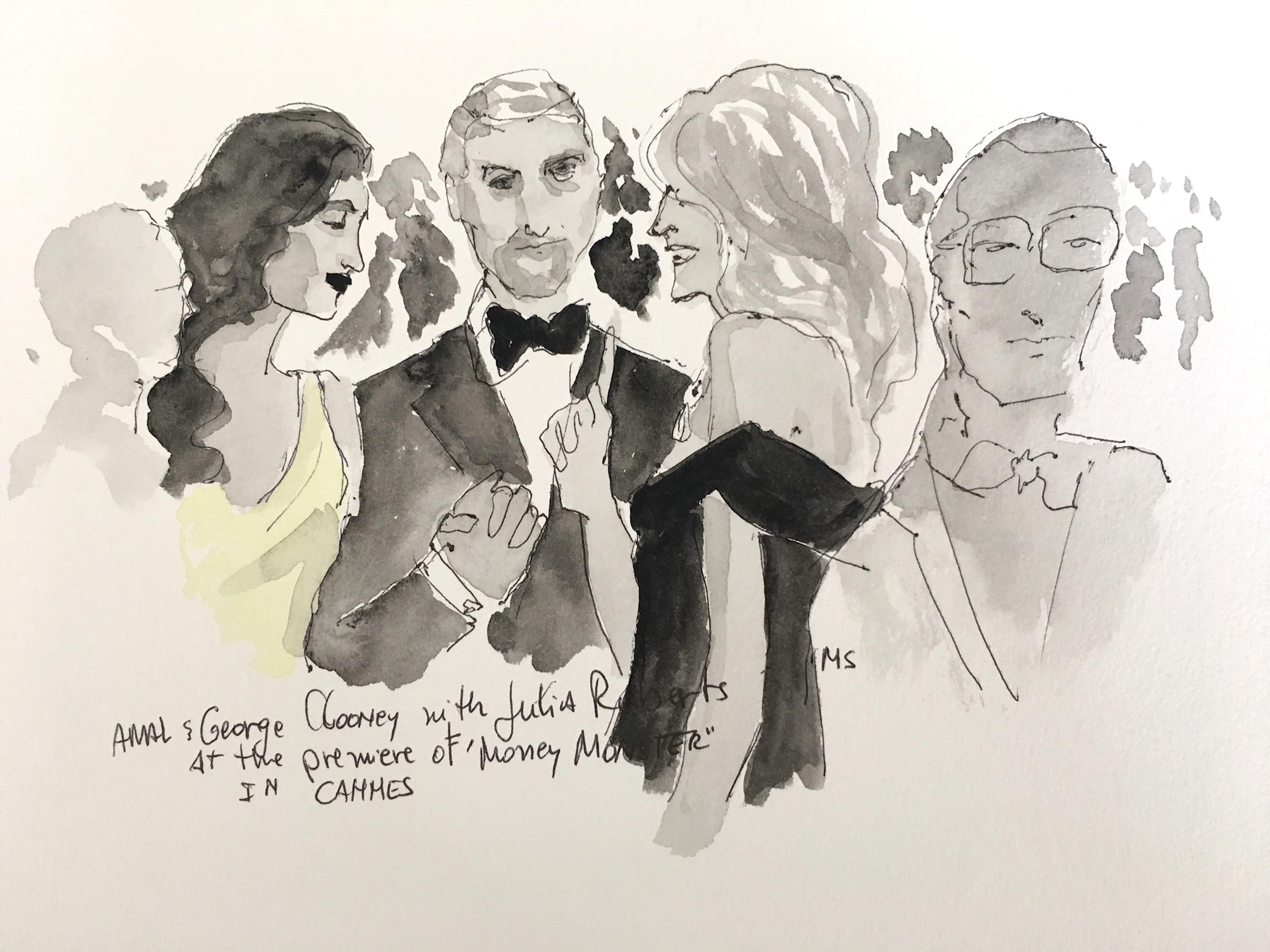 Amal, George Clooney and Julia Roberts, Watercolor Painting - Art by Manuel Santelices