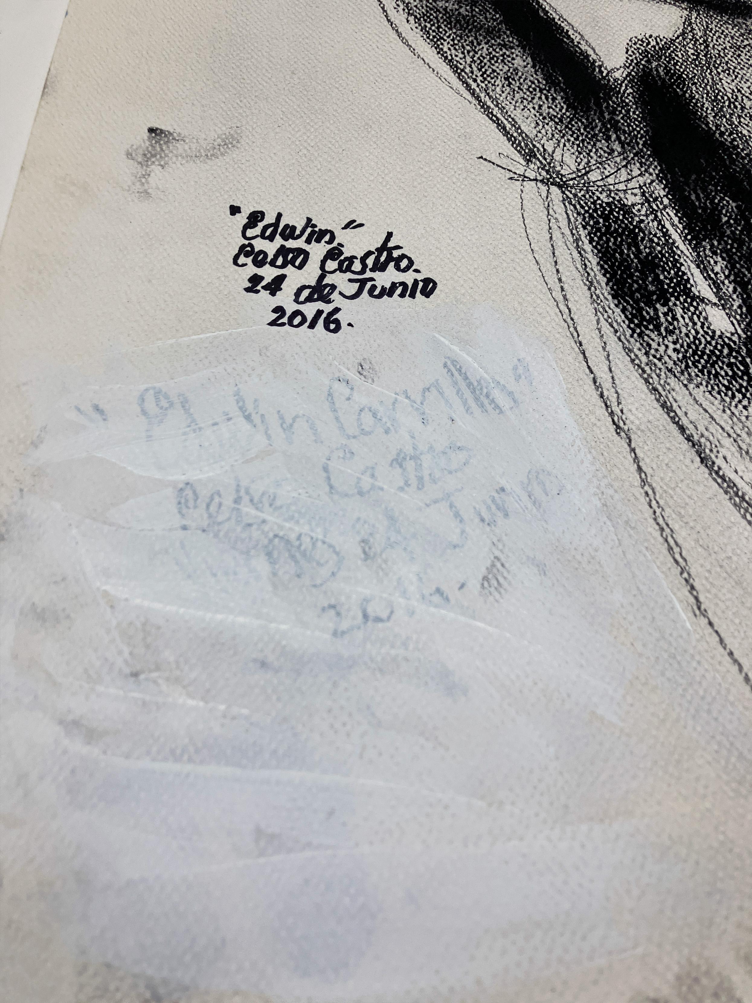Edwin Carrillo, le 24 de junio, 2016 par Celso Castro
Fusain sur carton 
Taille de l'image : 40 H in. x 29 in. W 
(Effacer la signature avec de la peinture blanche)
Non encadré
____________
Indéfinies par le médium, les œuvres de Celso Castro