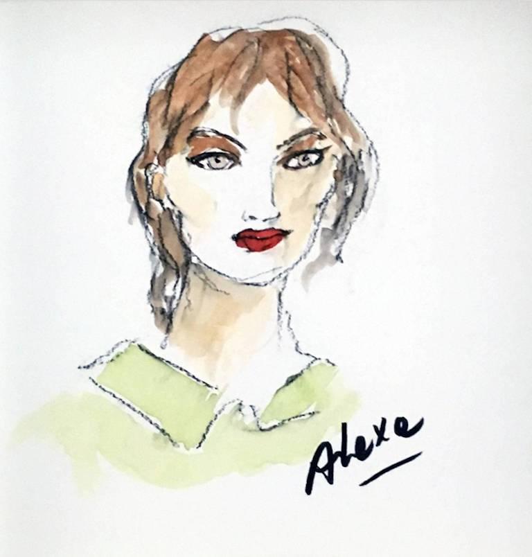 Alexa Chung, Porträt, Mode, Aquarellmalerei – Art von Manuel Santelices