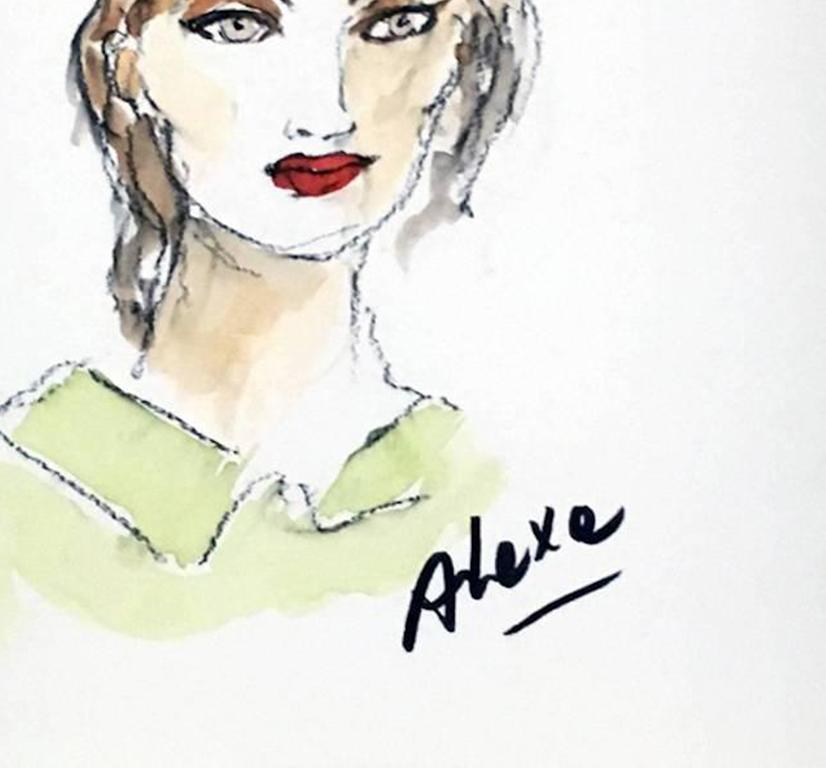 Alexa Chung, Portrait, by Manuel Santelices
Watercolor on paper
Framed size: 7.7 in. H x 7 in. W 
Image size: 6.5 in. H x 6 in. W 
Framed 
2016

The worlds of fashion, society, and pop culture are explored through the illustrations of Manuel