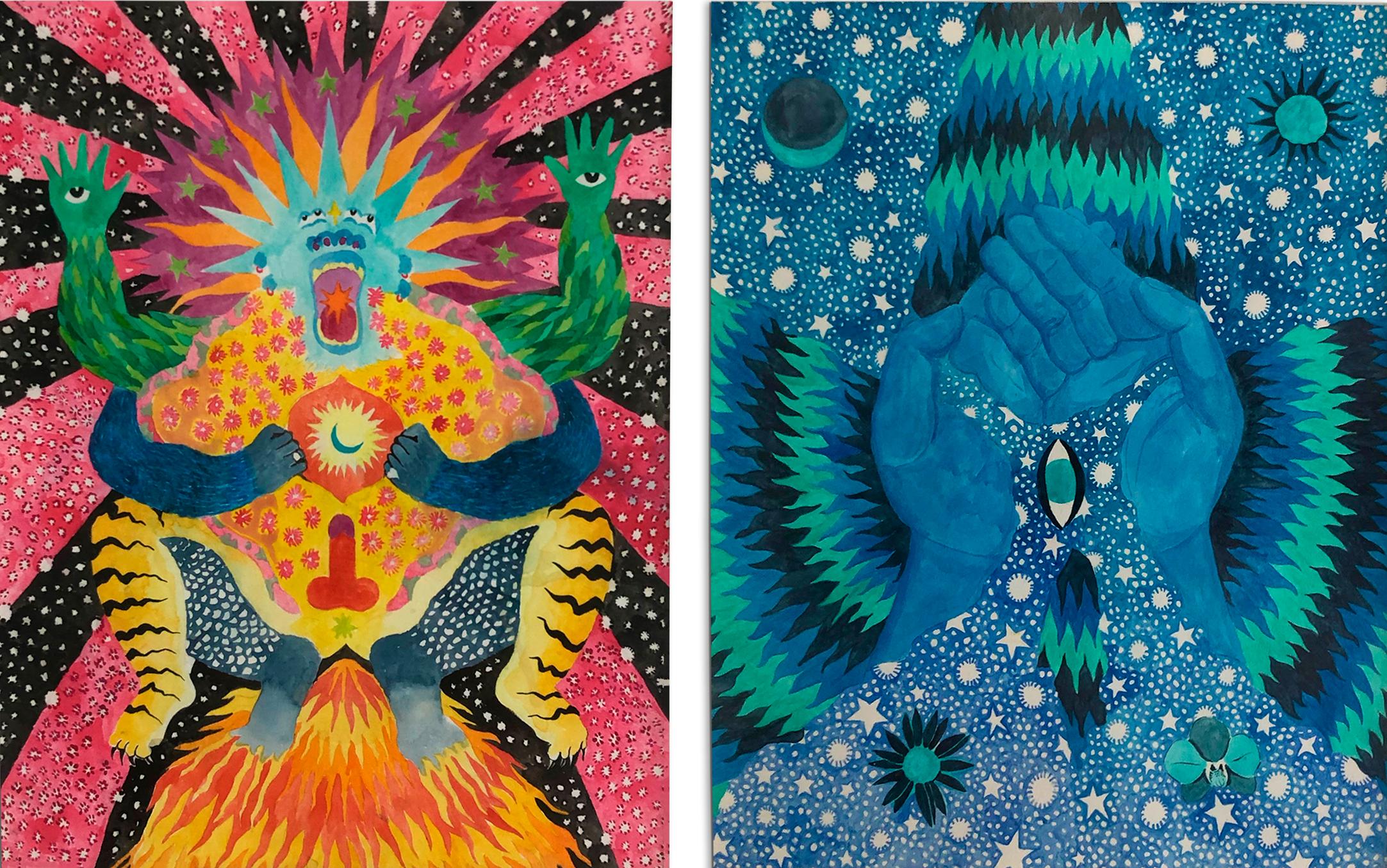 Hacerle el Amor a la Vida and El regalo de la persistencia Watercolor Diptych - Art by Tahuanty Jacanamijoy
