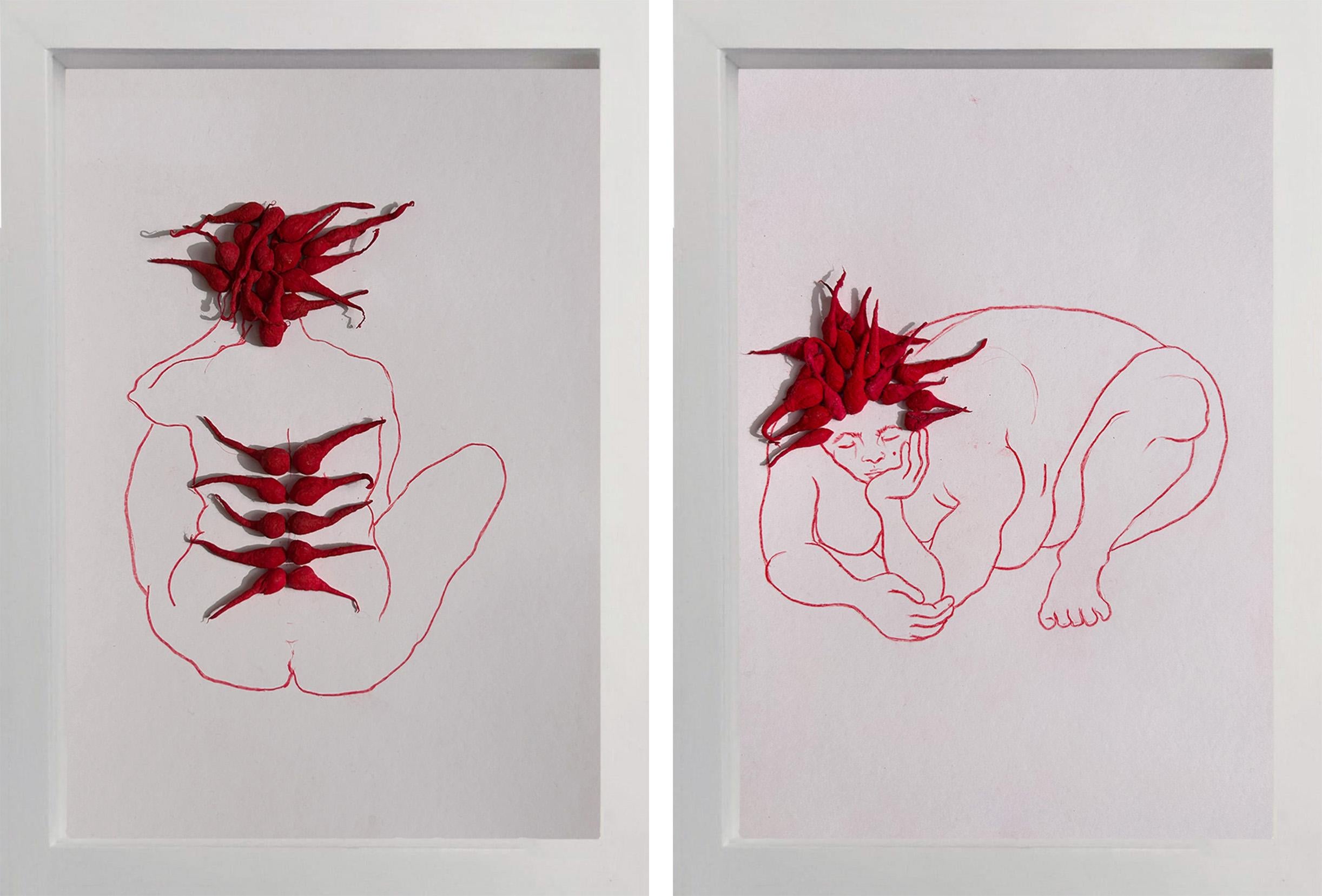 XII and XIII Diptych. From The Red Series - Mixed Media Art by Megha Joshi