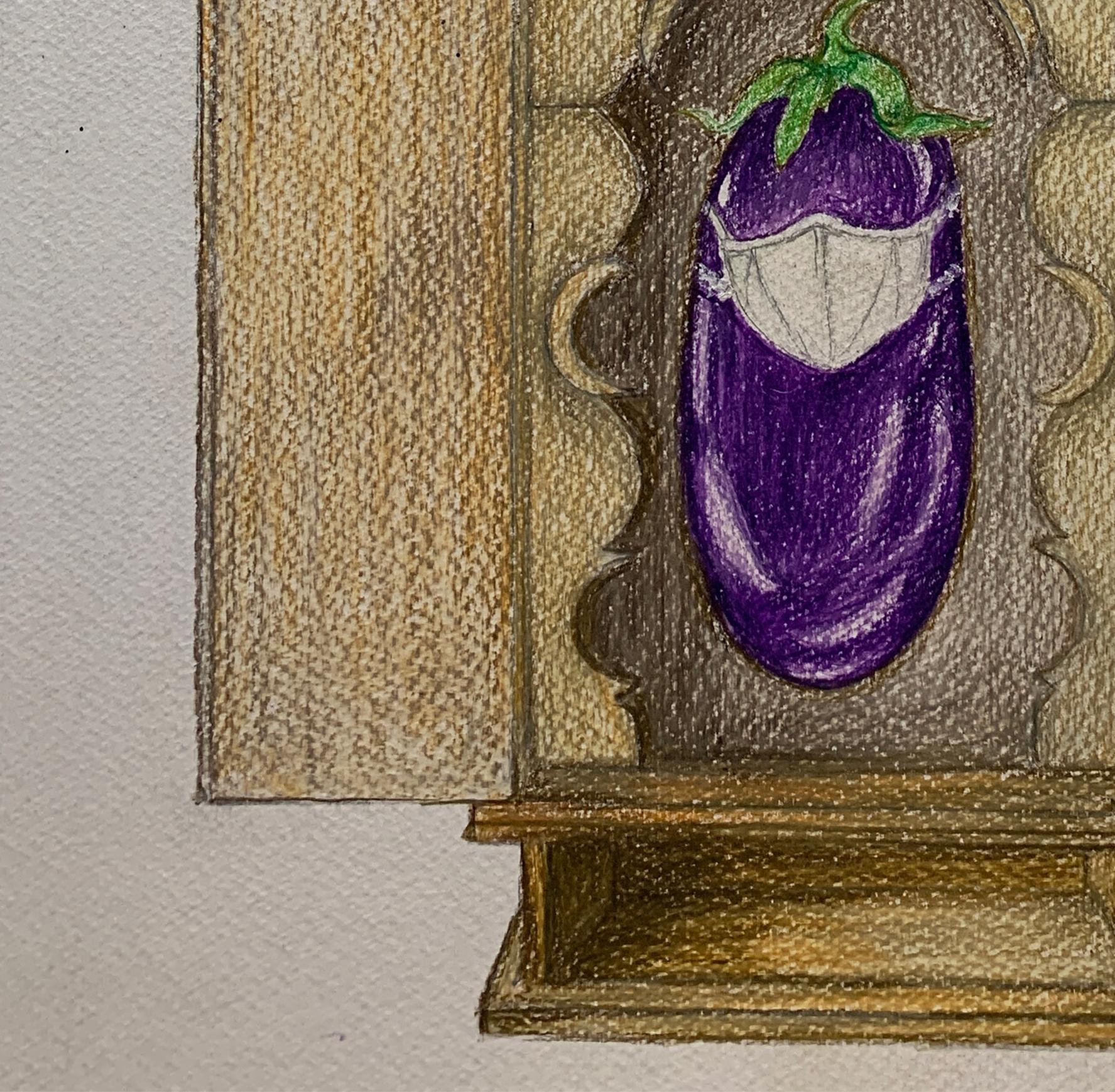 Santuario de la berenjena. Dibujos de la serie Diarios covídicos - Figurative Art Marrón de Megha Joshi