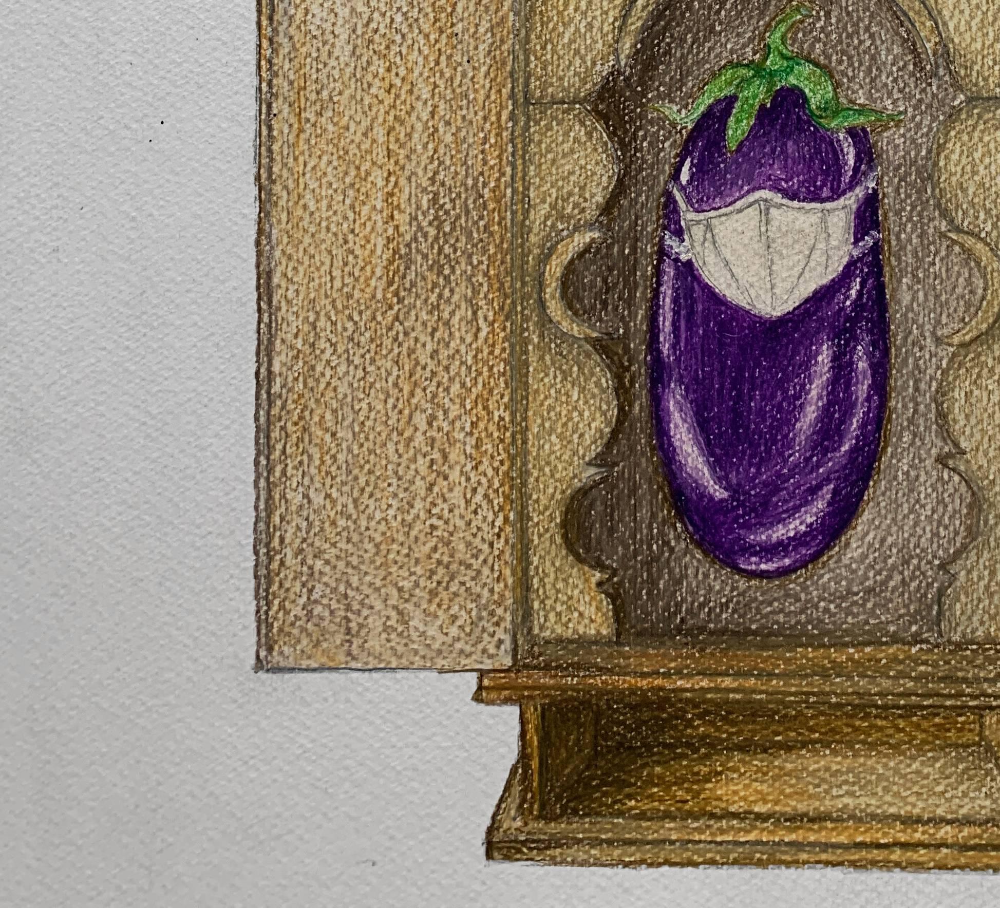 Santuario del Brinjal. Disegni dalla serie dei diari di covid - Figurative Art Marrone di Megha Joshi