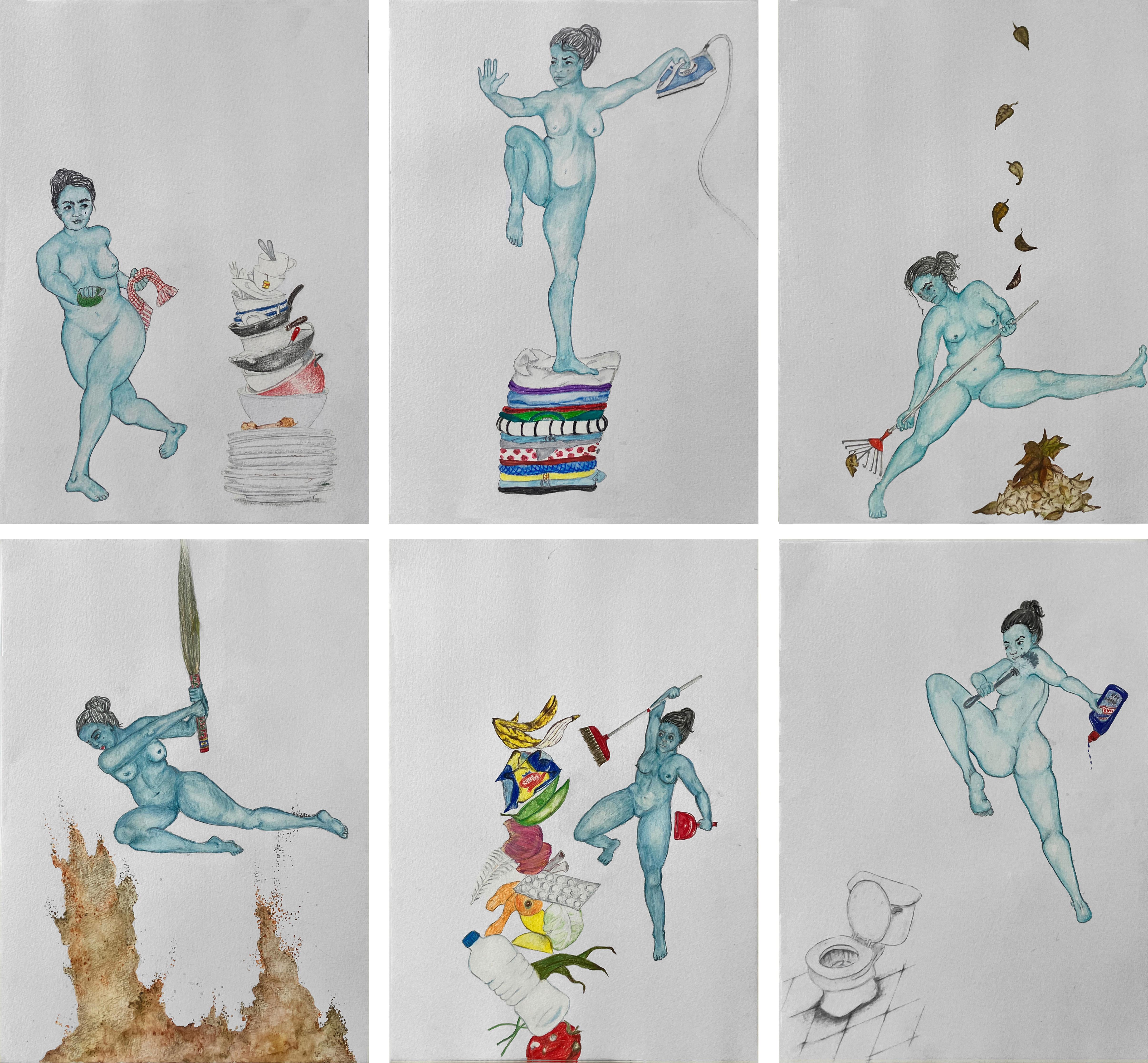 Megha Joshi Figurative Art - Set of 6 Watercolour on paper from the Battle Series.