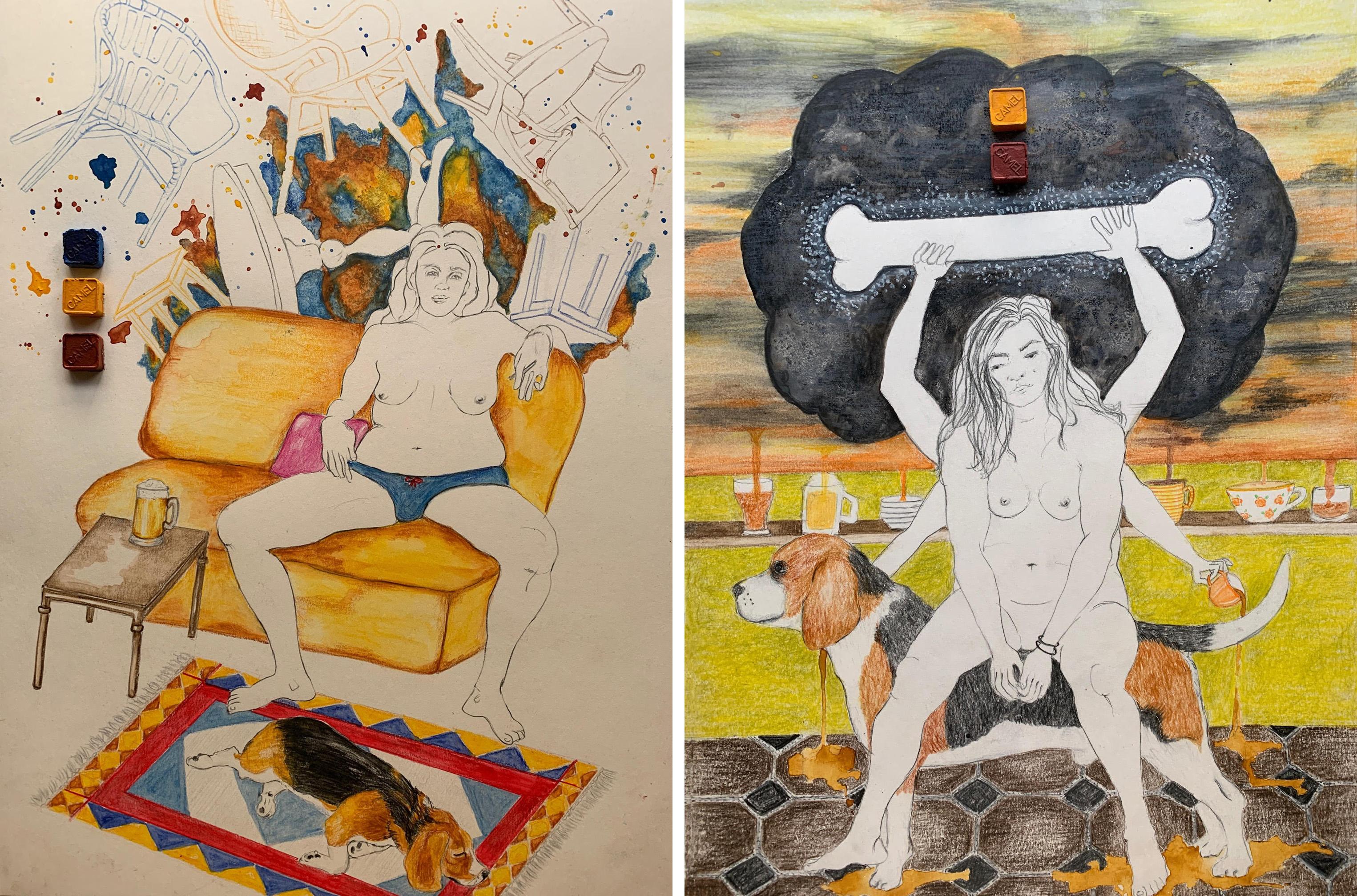 Bring it on and Dog and The Bone Diptych. Drawings From the covid diaries series